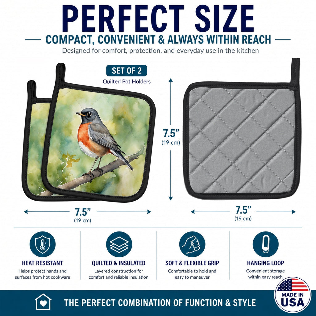 Connecticut American Robin Pot Holder Set of 2 Heat Resistant Quilted Hot Pads 7.5 x 7.5 Inch, Insulated Kitchen Trivets for Cooking & Baking