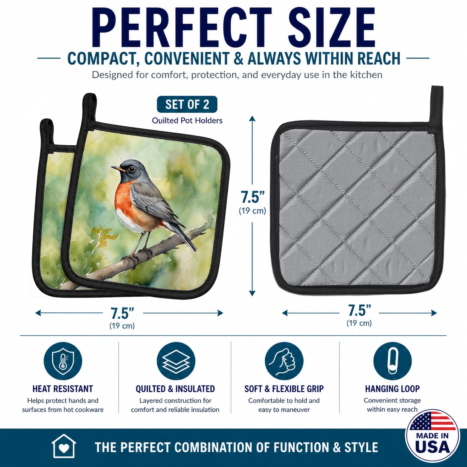 Connecticut American Robin Pot Holder Set of 2 Heat Resistant Quilted Hot Pads 7.5 x 7.5 Inch, Insulated Kitchen Trivets for Cooking & Baking