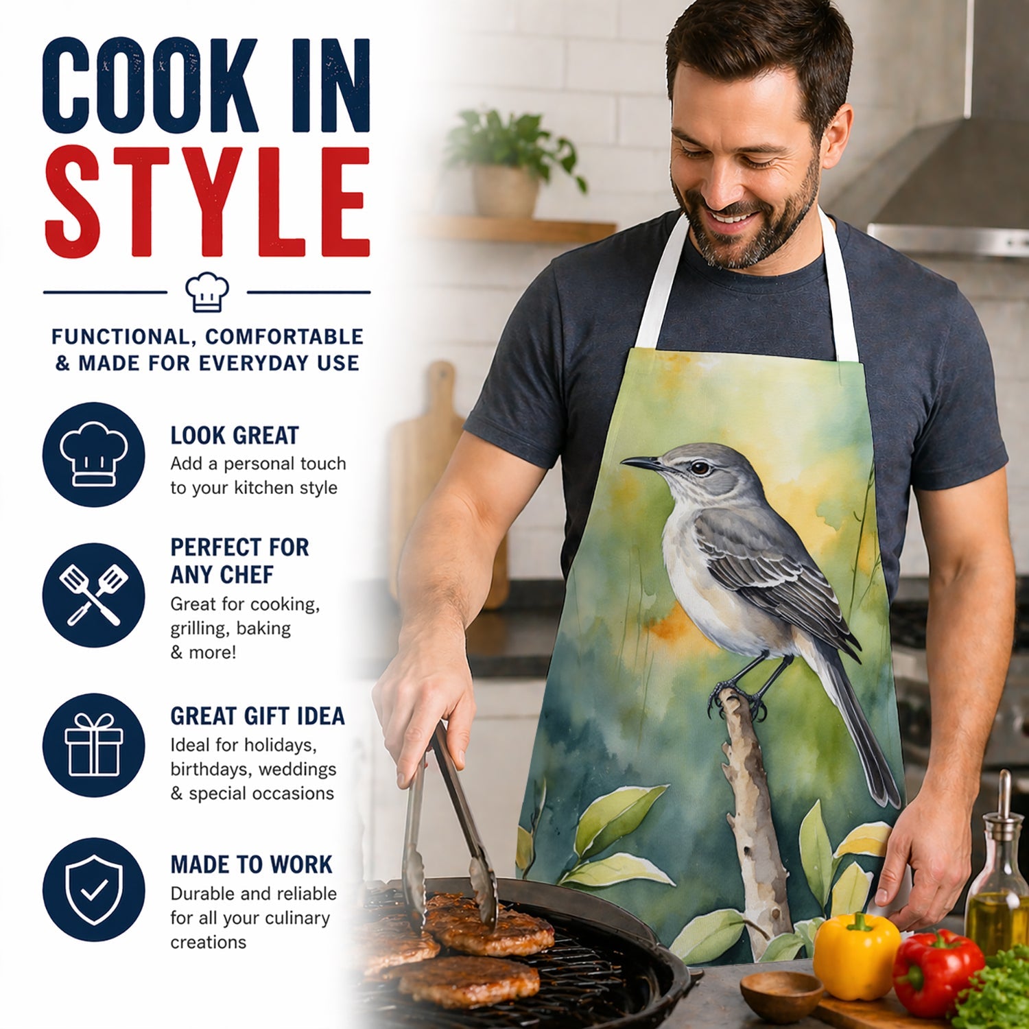 Florida Northern Mockingbird Apron Cooking Kitchen Server Baking Crafts Gardening for Adult Women Men, Unisex, Large, Multicolor