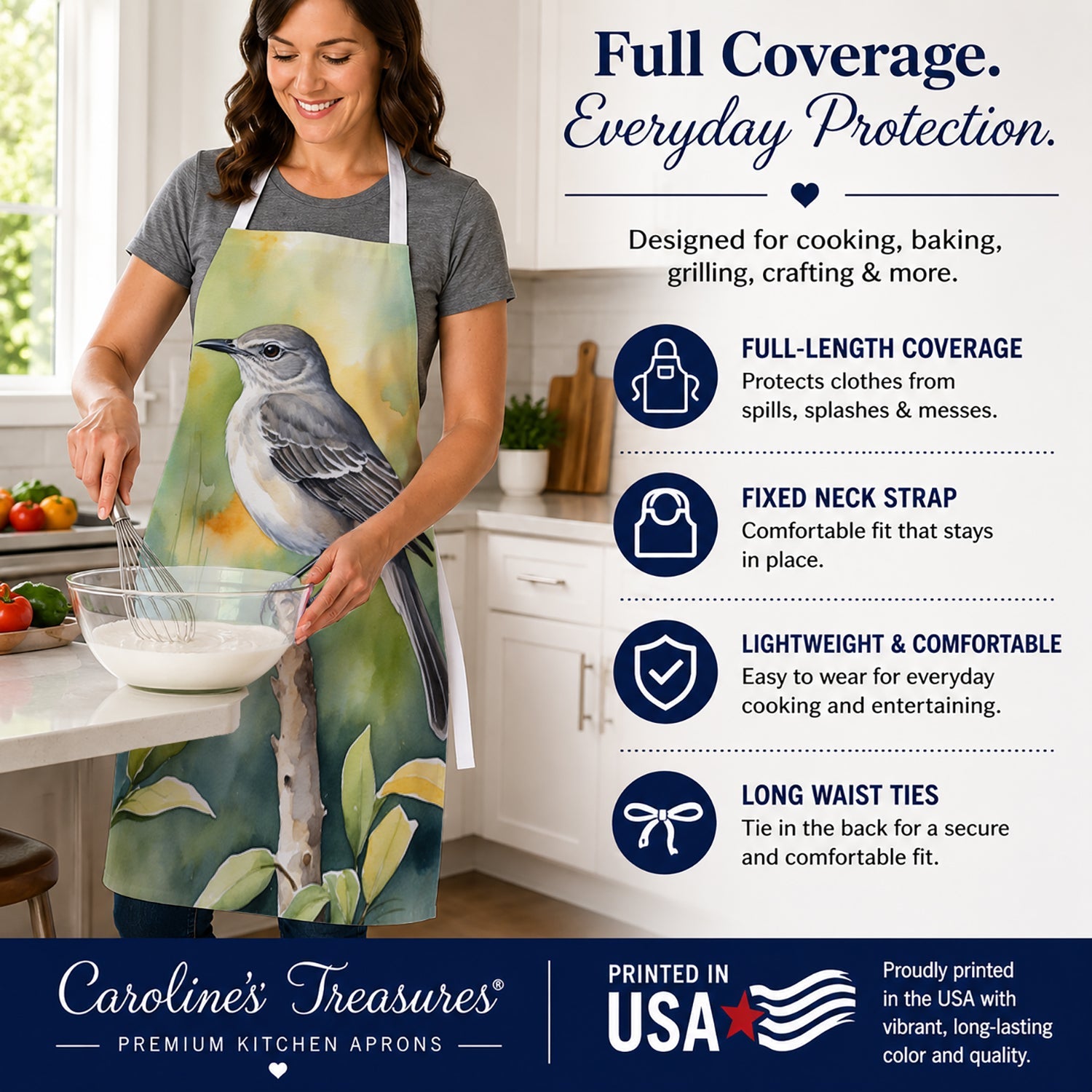 Florida Northern Mockingbird Apron Cooking Kitchen Server Baking Crafts Gardening for Adult Women Men, Unisex, Large, Multicolor