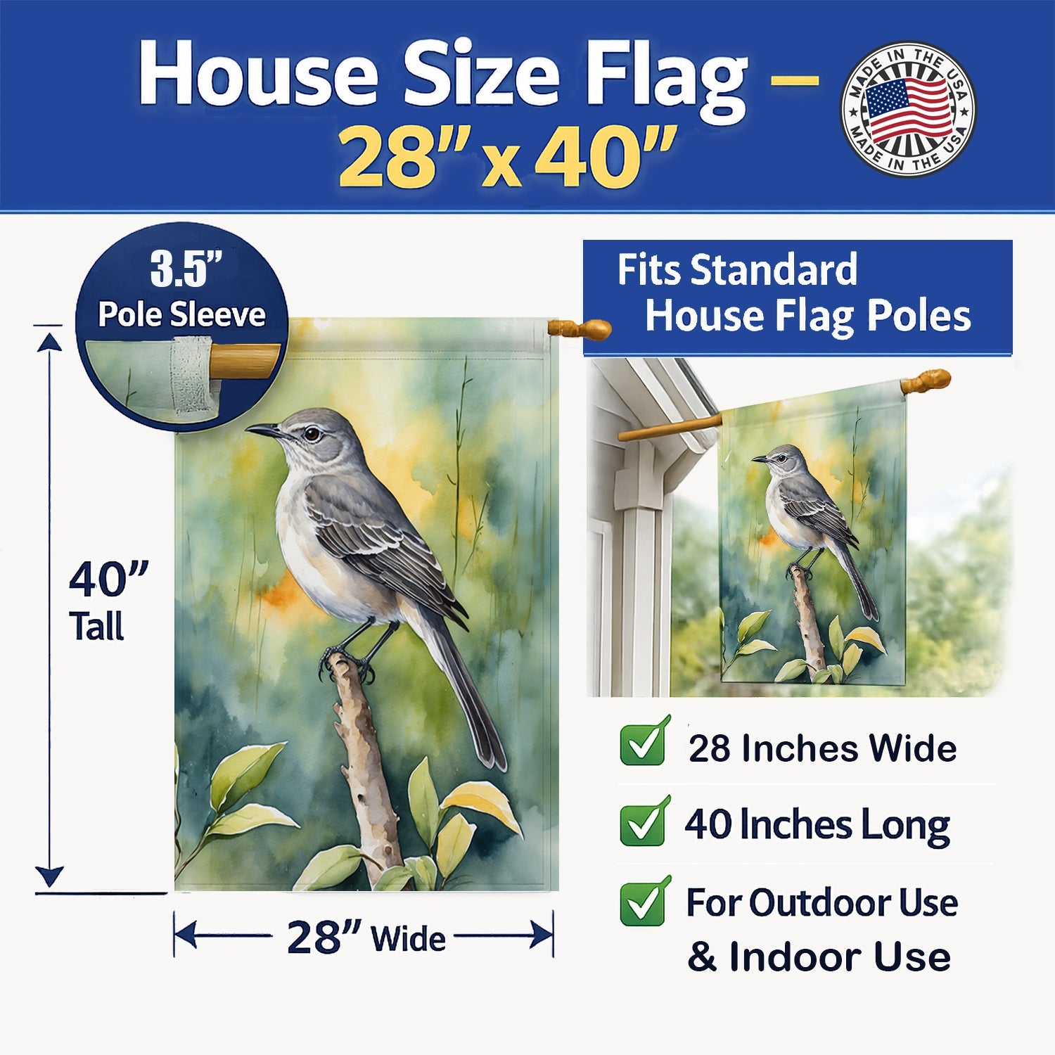 Florida Northern Mockingbird House Flag 28x40 Porch Sleeve Pole Decorative Outside Yard Banner Artwork Wall Hanging, Polyester