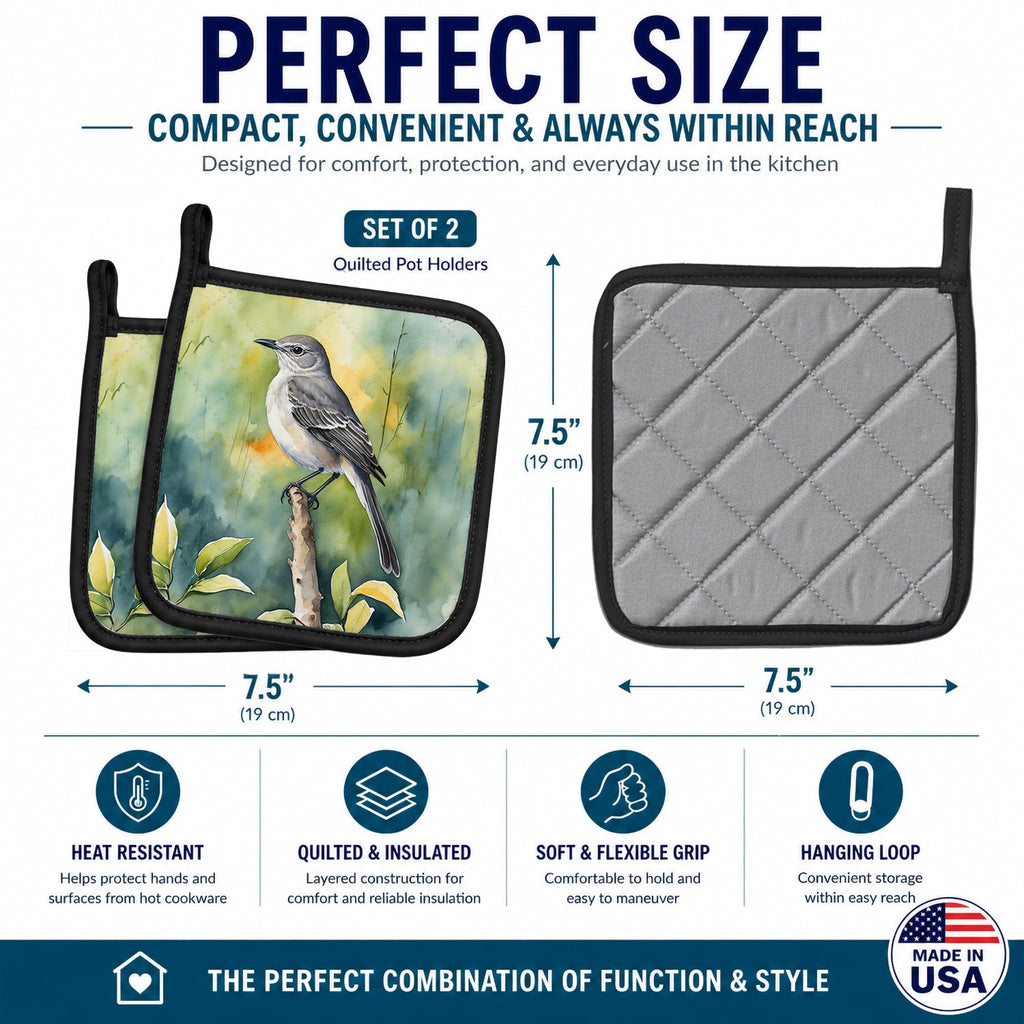 Florida Northern Mockingbird Pot Holder Set of 2 Heat Resistant Quilted Hot Pads 7.5 x 7.5 Inch, Insulated Kitchen Trivets for Cooking & Baking