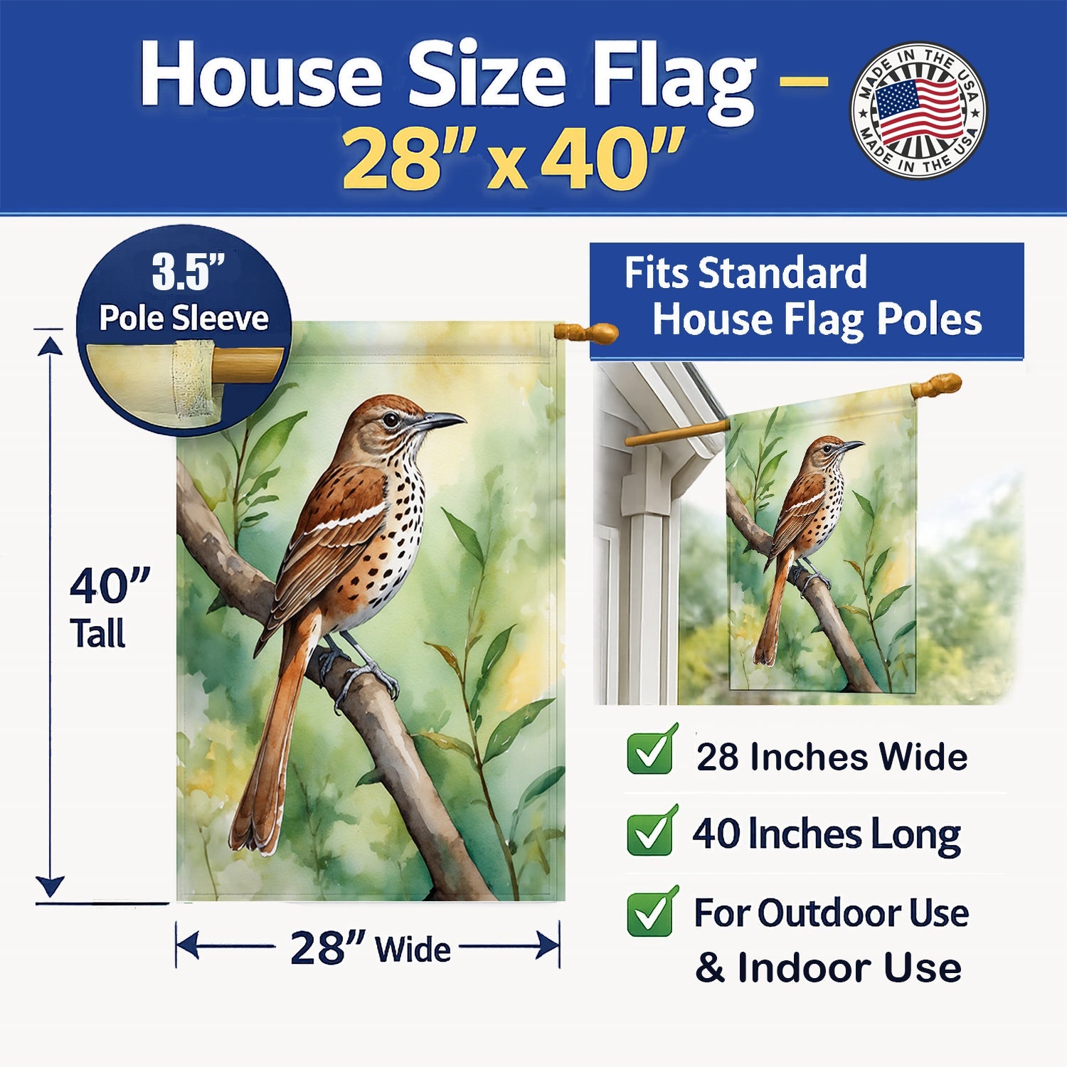 Georgia Brown Thrasher House Flag 28x40 Porch Sleeve Pole Decorative Outside Yard Banner Artwork Wall Hanging, Polyester