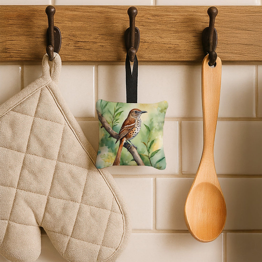 Georgia Brown Thrasher Hanging Square Fabric Ornament 3.5 × 3.5 Decorative Door-Knob & Tree Hanger, Soft Fabric