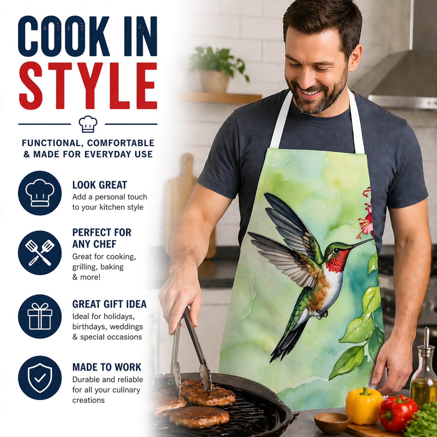 Rubythroated Hummingbird Apron Cooking Kitchen Server Baking Crafts Gardening for Adult Women Men, Unisex, Large, Multicolor