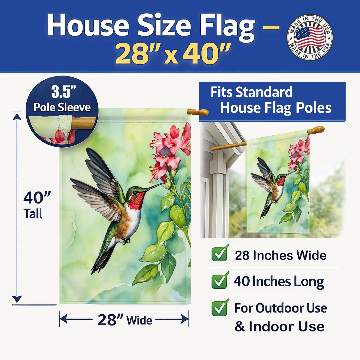 Rubythroated Hummingbird House Flag 28x40 Porch Sleeve Pole Decorative Outside Yard Banner Artwork Wall Hanging, Polyester