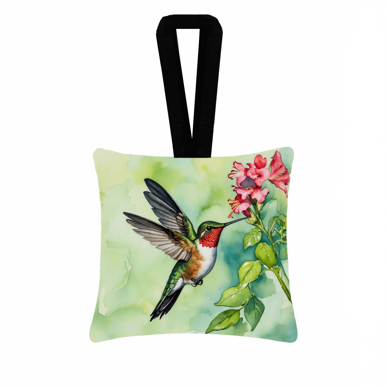 Rubythroated Hummingbird Hanging Square Fabric Ornament 3.5 × 3.5 Decorative Door-Knob & Tree Hanger, Soft Fabric