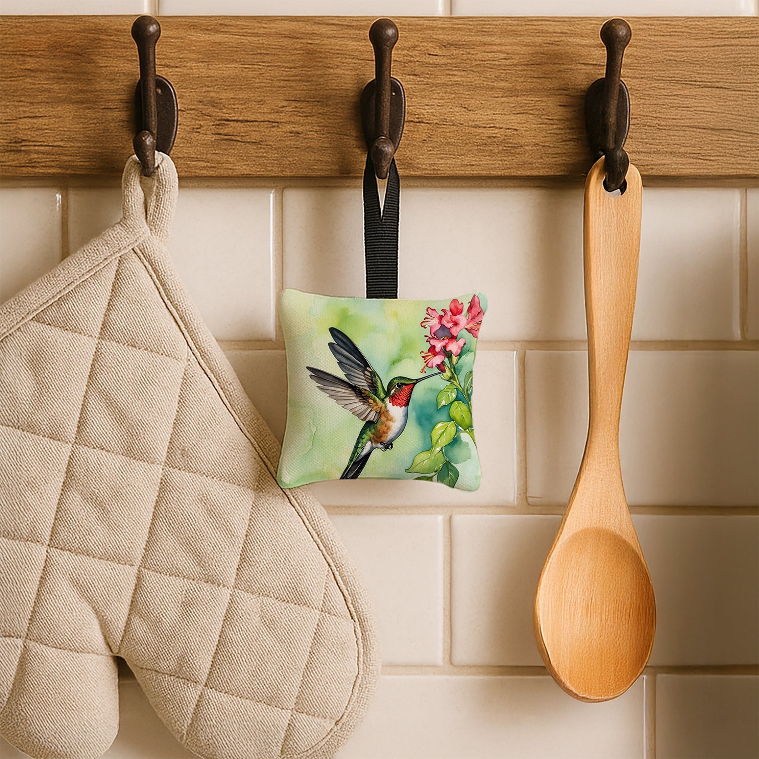 Rubythroated Hummingbird Hanging Square Fabric Ornament 3.5 × 3.5 Decorative Door-Knob & Tree Hanger, Soft Fabric