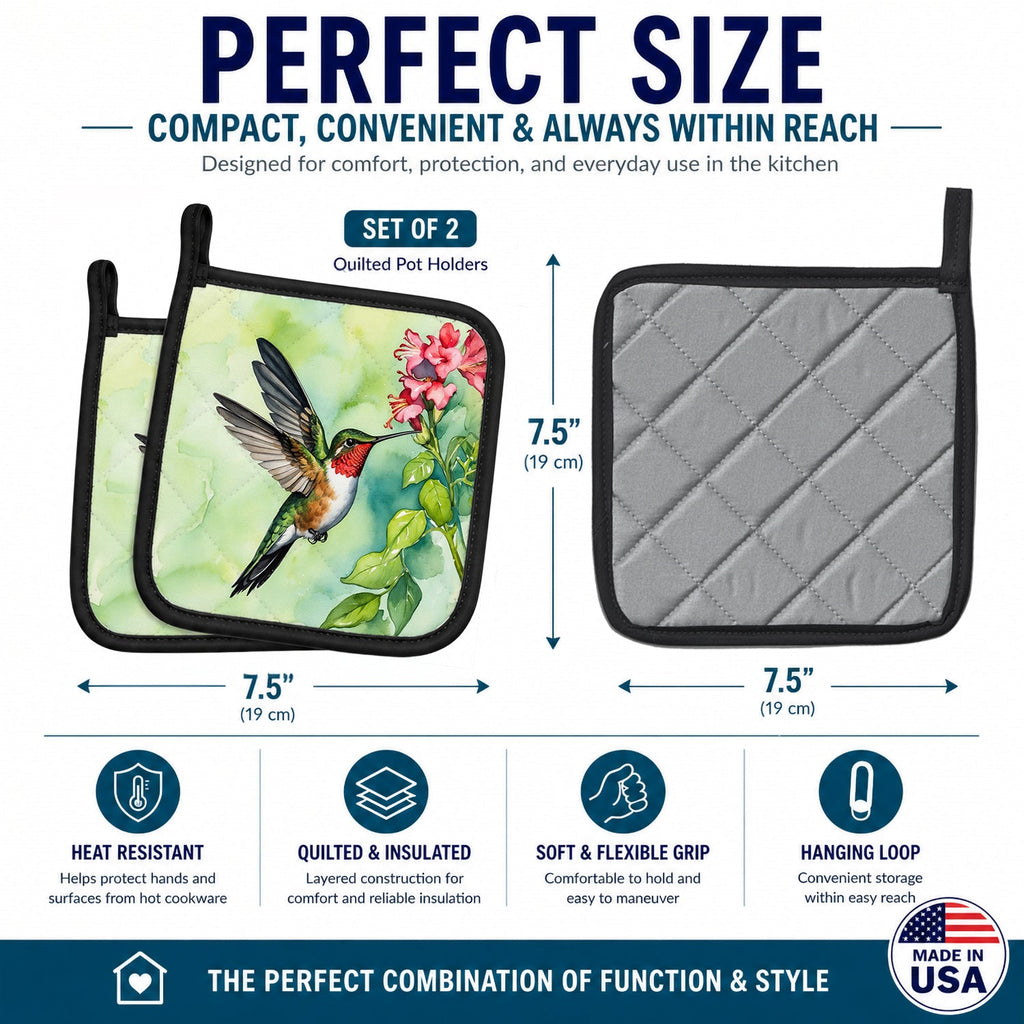 Rubythroated Hummingbird Pot Holder Set of 2 Heat Resistant Quilted Hot Pads 7.5 x 7.5 Inch, Insulated Kitchen Trivets for Cooking & Baking