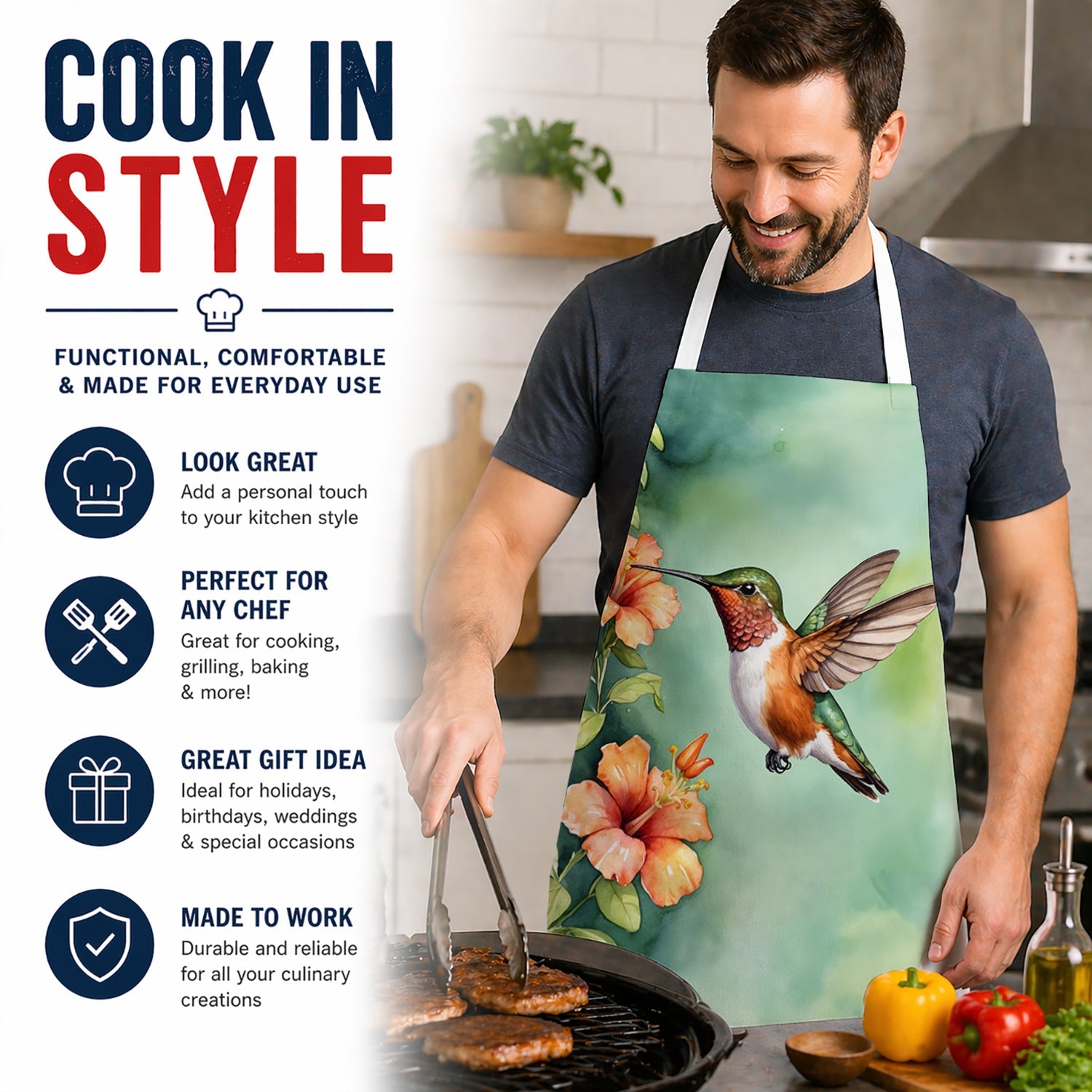 Rufous Hummingbird Apron Cooking Kitchen Server Baking Crafts Gardening for Adult Women Men, Unisex, Large, Multicolor