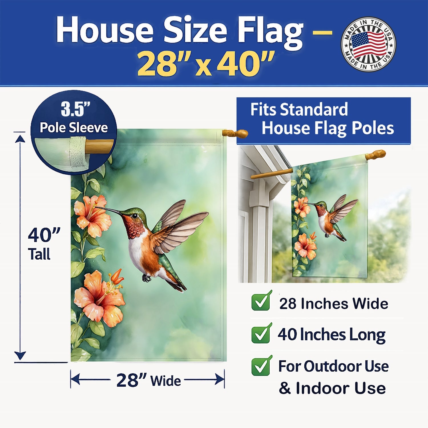 Rufous Hummingbird House Flag 28x40 Porch Sleeve Pole Decorative Outside Yard Banner Artwork Wall Hanging, Polyester