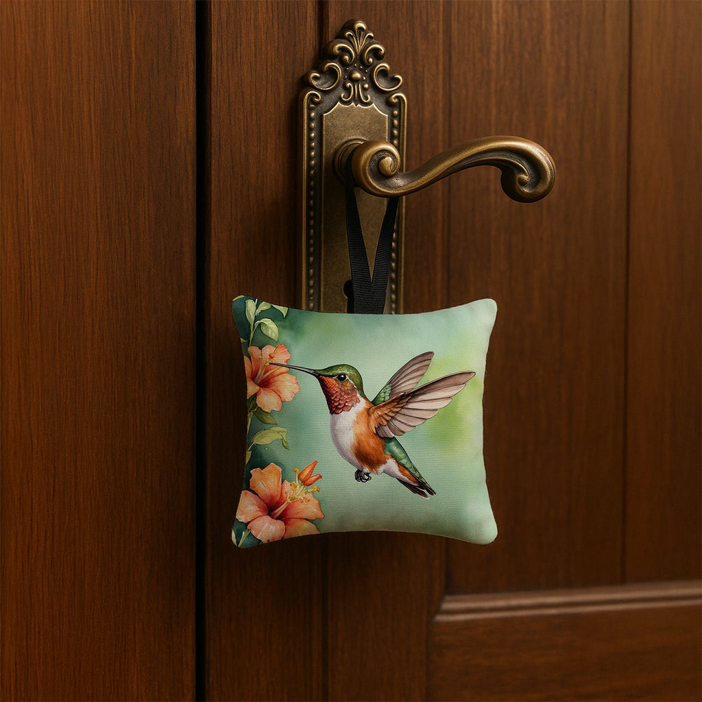 Rufous Hummingbird Hanging Square Fabric Ornament 3.5 × 3.5 Decorative Door-Knob & Tree Hanger, Soft Fabric