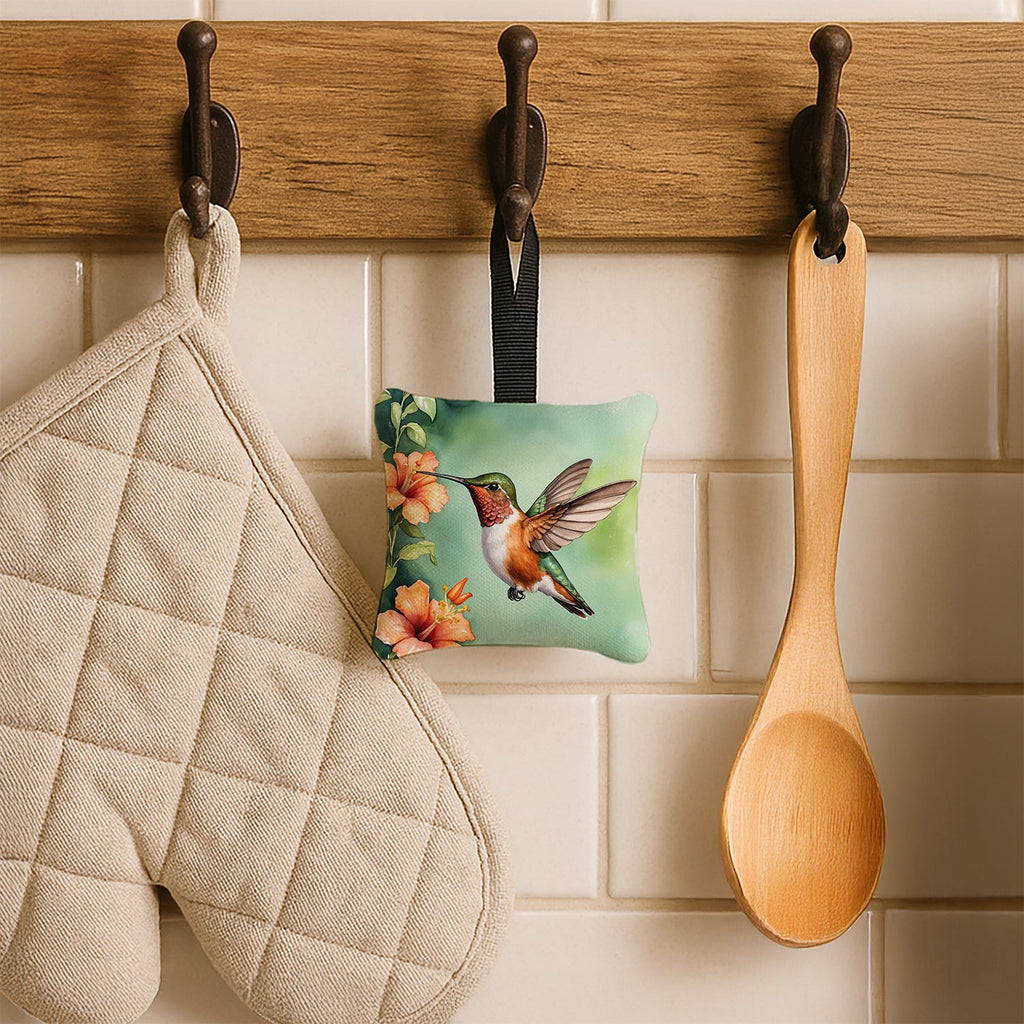 Rufous Hummingbird Hanging Square Fabric Ornament 3.5 × 3.5 Decorative Door-Knob & Tree Hanger, Soft Fabric