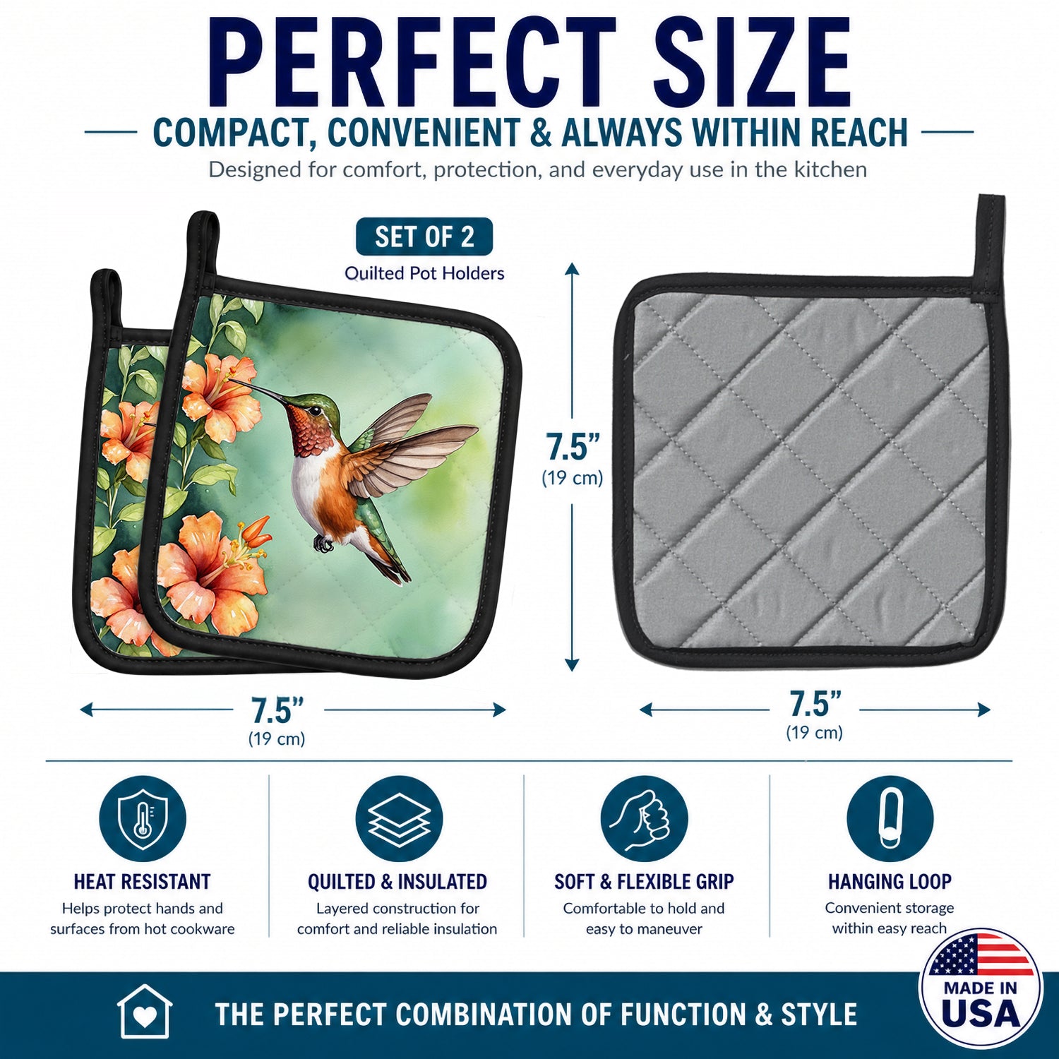 Rufous Hummingbird Pot Holder Set of 2 Heat Resistant Quilted Hot Pads 7.5 x 7.5 Inch, Insulated Kitchen Trivets for Cooking & Baking