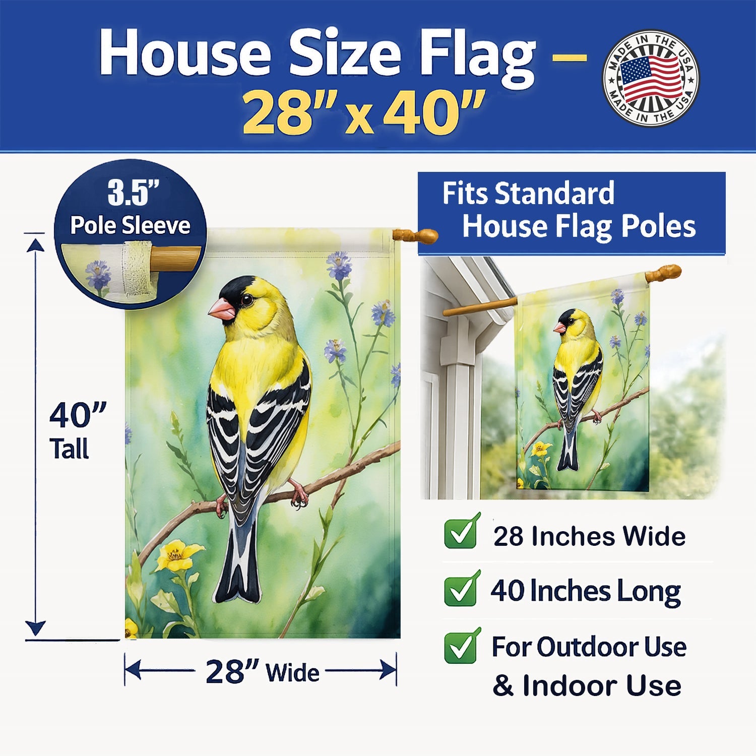 American Goldfinch House Flag 28x40 Porch Sleeve Pole Decorative Outside Yard Banner Artwork Wall Hanging, Polyester