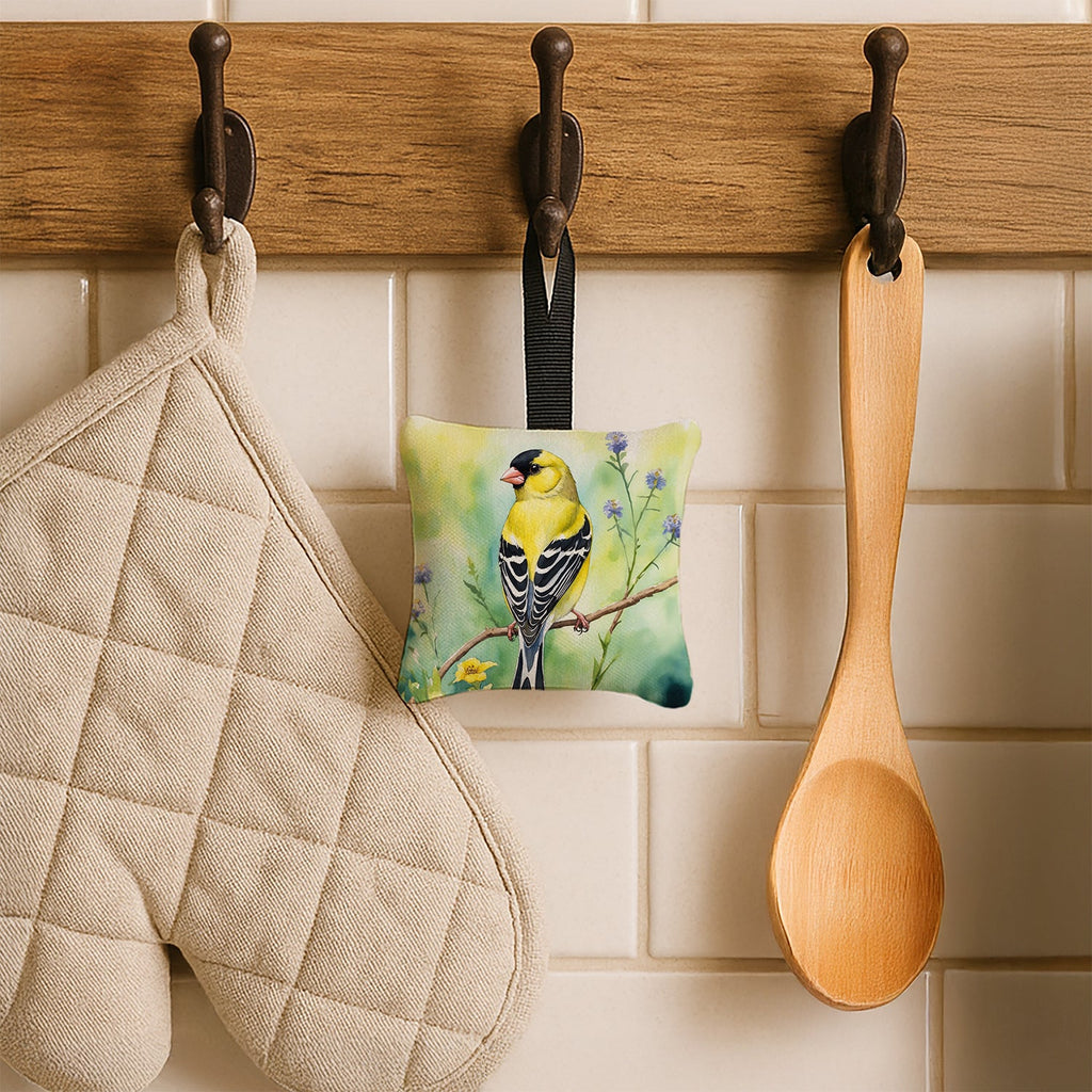 American Goldfinch Hanging Square Fabric Ornament 3.5 × 3.5 Decorative Door-Knob & Tree Hanger, Soft Fabric