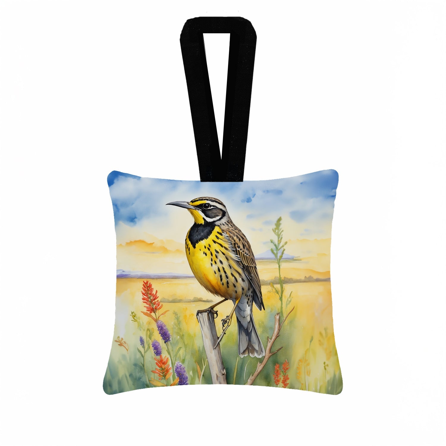 Kansas Western Meadowlark Hanging Square Fabric Ornament 3.5 × 3.5 Decorative Door-Knob & Tree Hanger, Soft Fabric