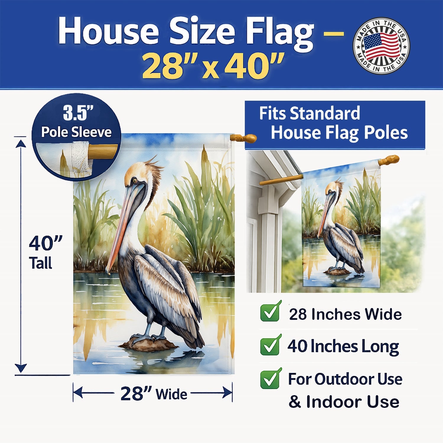 Louisiana Brown Pelican House Flag 28x40 Porch Sleeve Pole Decorative Outside Yard Banner Artwork Wall Hanging, Polyester