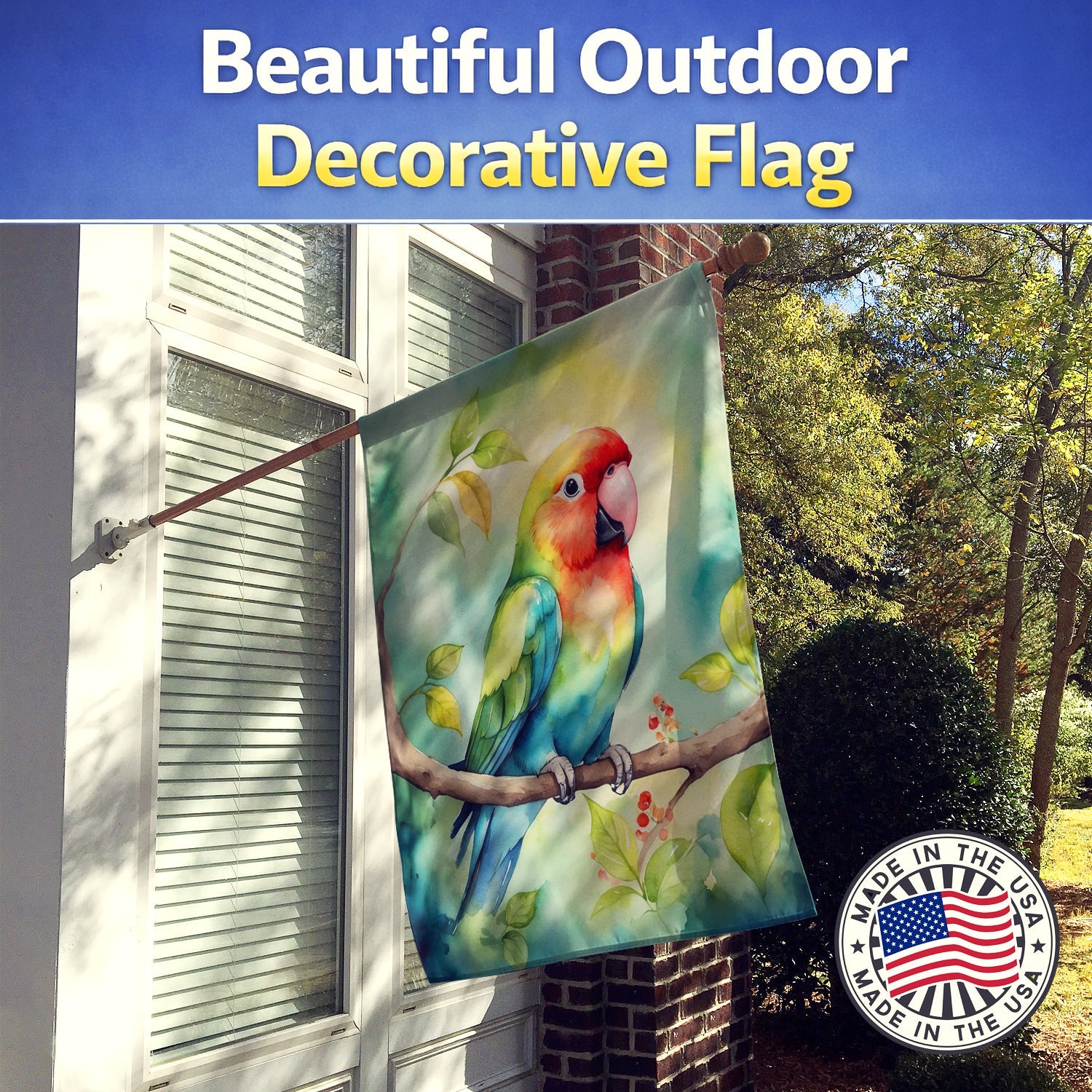 Lovebird House Flag 28x40 Porch Sleeve Pole Decorative Outside Yard Banner Artwork Wall Hanging, Polyester
