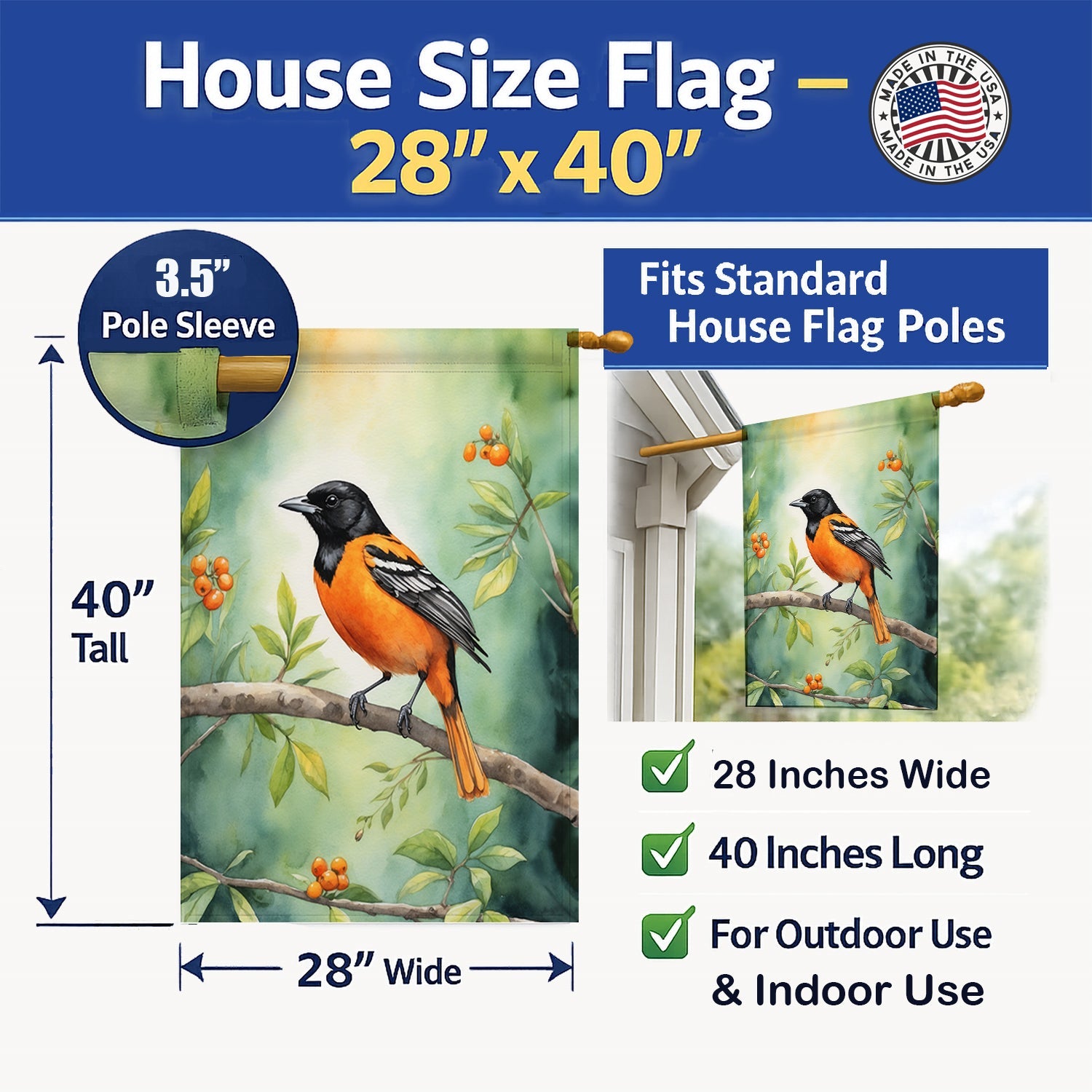 Maryland Baltimore Oriole House Flag 28x40 Porch Sleeve Pole Decorative Outside Yard Banner Artwork Wall Hanging, Polyester