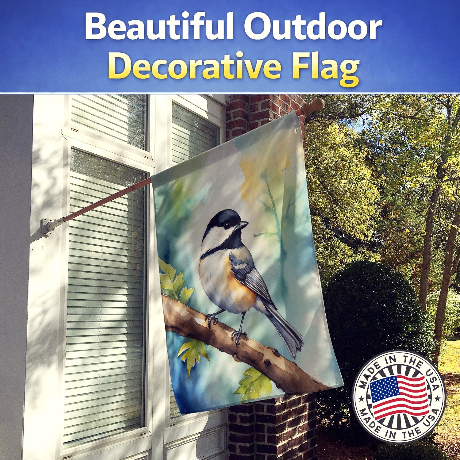 Massachusetts Blackcapped Chickadee House Flag 28x40 Porch Sleeve Pole Decorative Outside Yard Banner Artwork Wall Hanging, Polyester