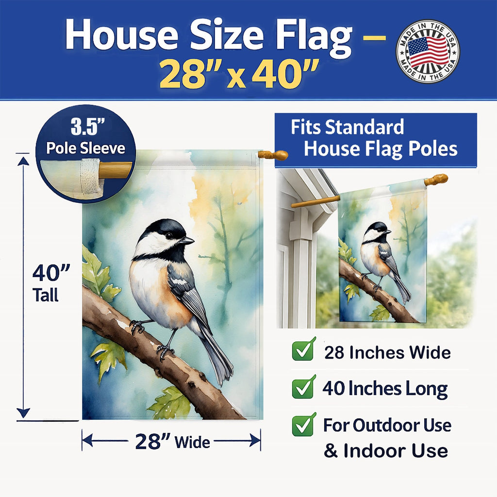 Massachusetts Blackcapped Chickadee House Flag 28x40 Porch Sleeve Pole Decorative Outside Yard Banner Artwork Wall Hanging, Polyester