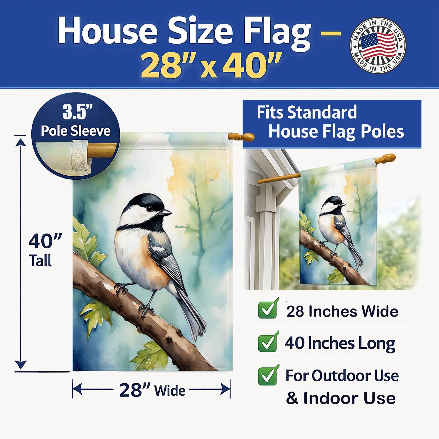 Massachusetts Blackcapped Chickadee House Flag 28x40 Porch Sleeve Pole Decorative Outside Yard Banner Artwork Wall Hanging, Polyester