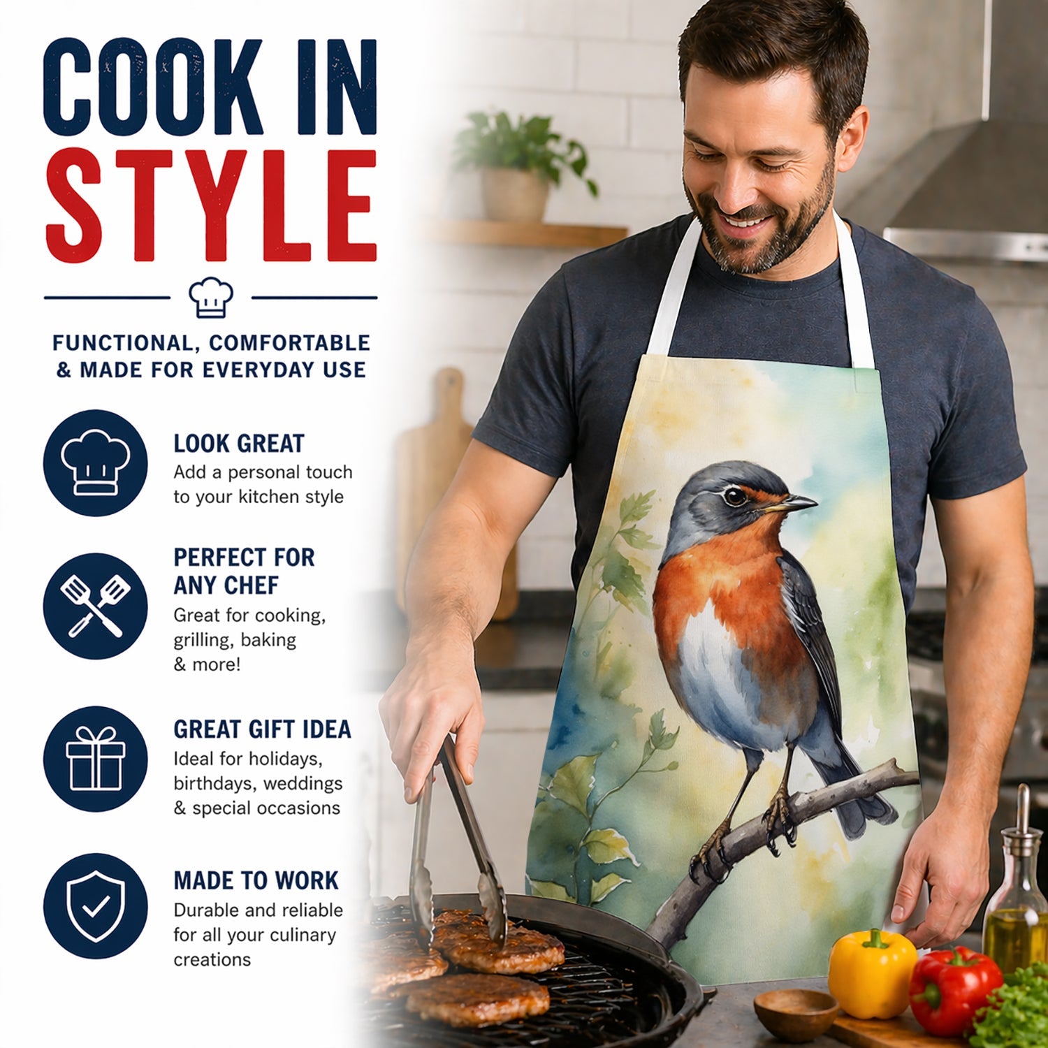Michigan American Robin Apron Cooking Kitchen Server Baking Crafts Gardening for Adult Women Men, Unisex, Large, Multicolor