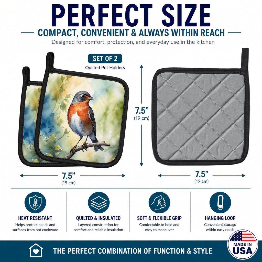 Michigan American Robin Pot Holder Set of 2 Heat Resistant Quilted Hot Pads 7.5 x 7.5 Inch, Insulated Kitchen Trivets for Cooking & Baking