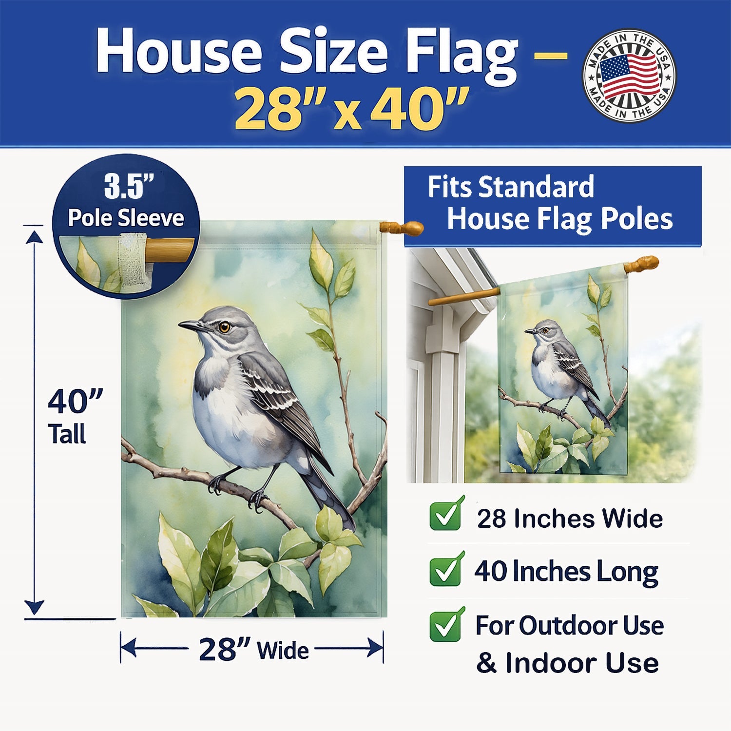 Mississippi Northern Mocking bird House Flag 28x40 Porch Sleeve Pole Decorative Outside Yard Banner Artwork Wall Hanging, Polyester