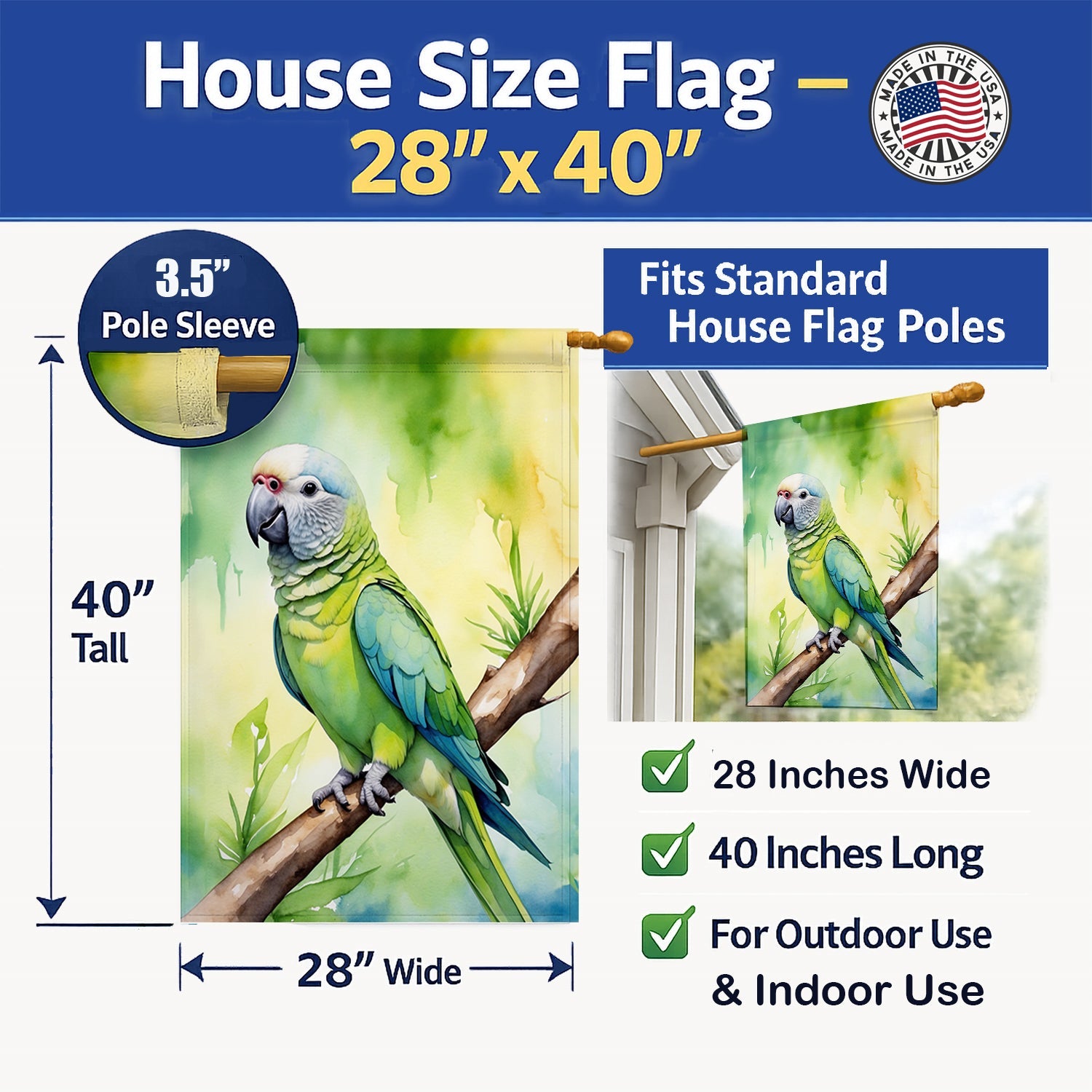 Monk Parakeet House Flag 28x40 Porch Sleeve Pole Decorative Outside Yard Banner Artwork Wall Hanging, Polyester