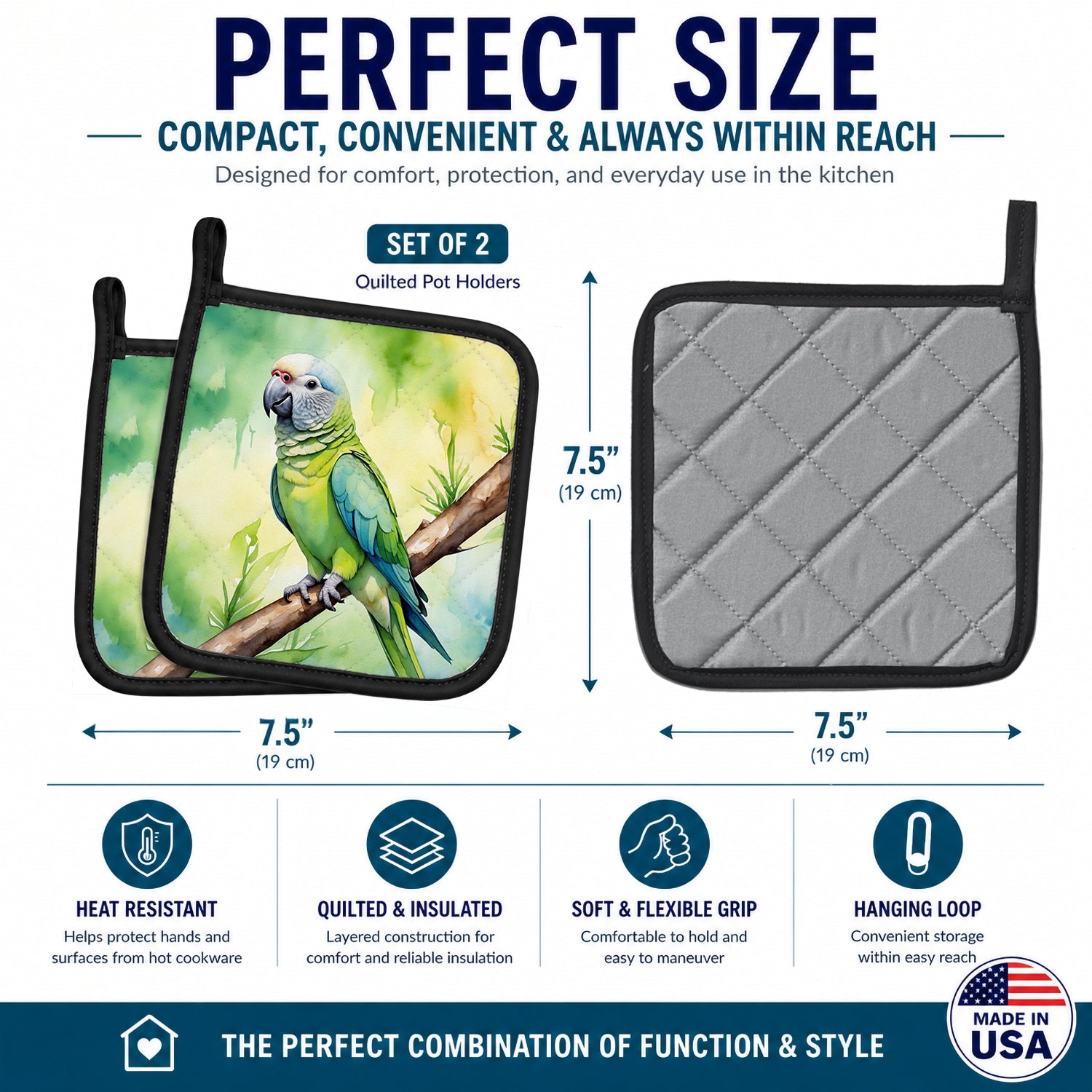 Monk Parakeet Pot Holder Set of 2 Heat Resistant Quilted Hot Pads 7.5 x 7.5 Inch, Insulated Kitchen Trivets for Cooking & Baking