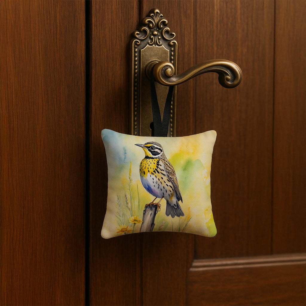 Montana Western Meadowlark Hanging Square Fabric Ornament 3.5 × 3.5 Decorative Door-Knob & Tree Hanger, Soft Fabric