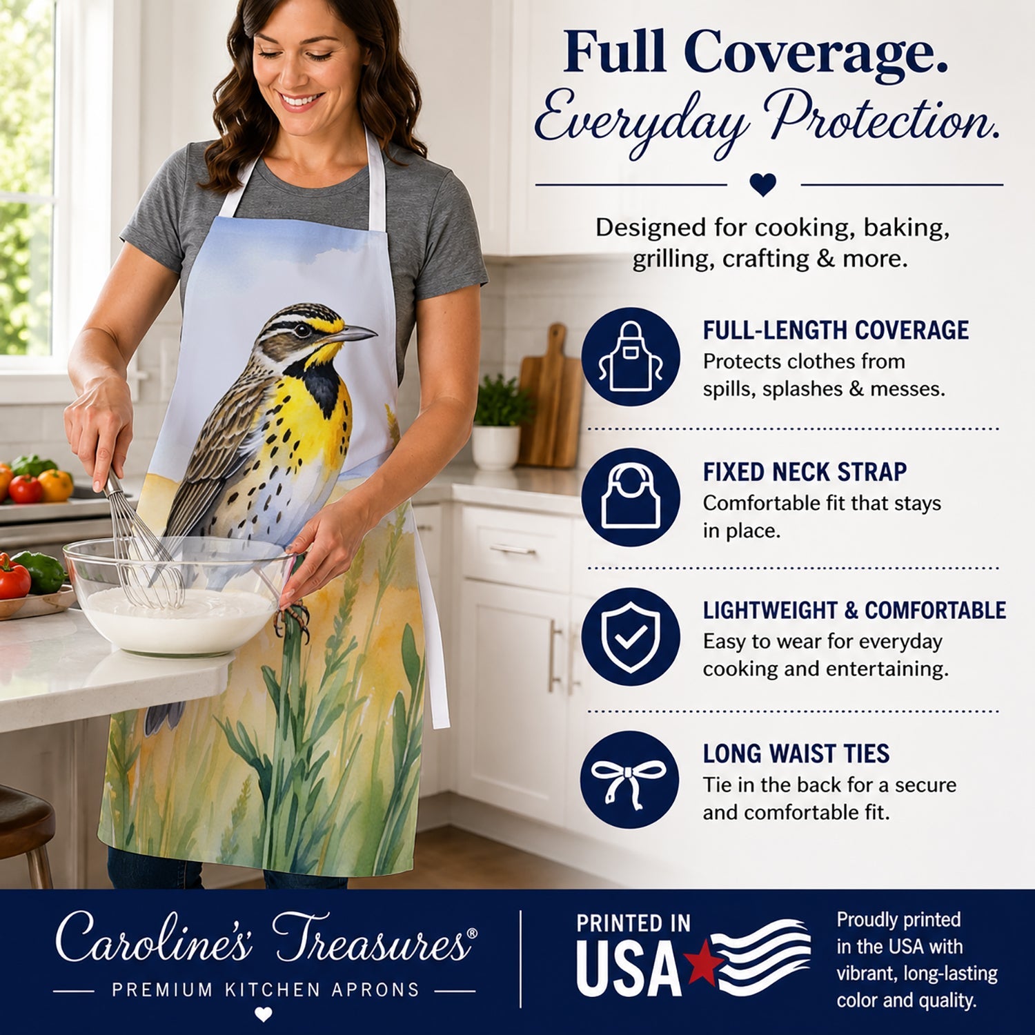 Nebraska Western Meadowlark Apron Cooking Kitchen Server Baking Crafts Gardening for Adult Women Men, Unisex, Large, Multicolor