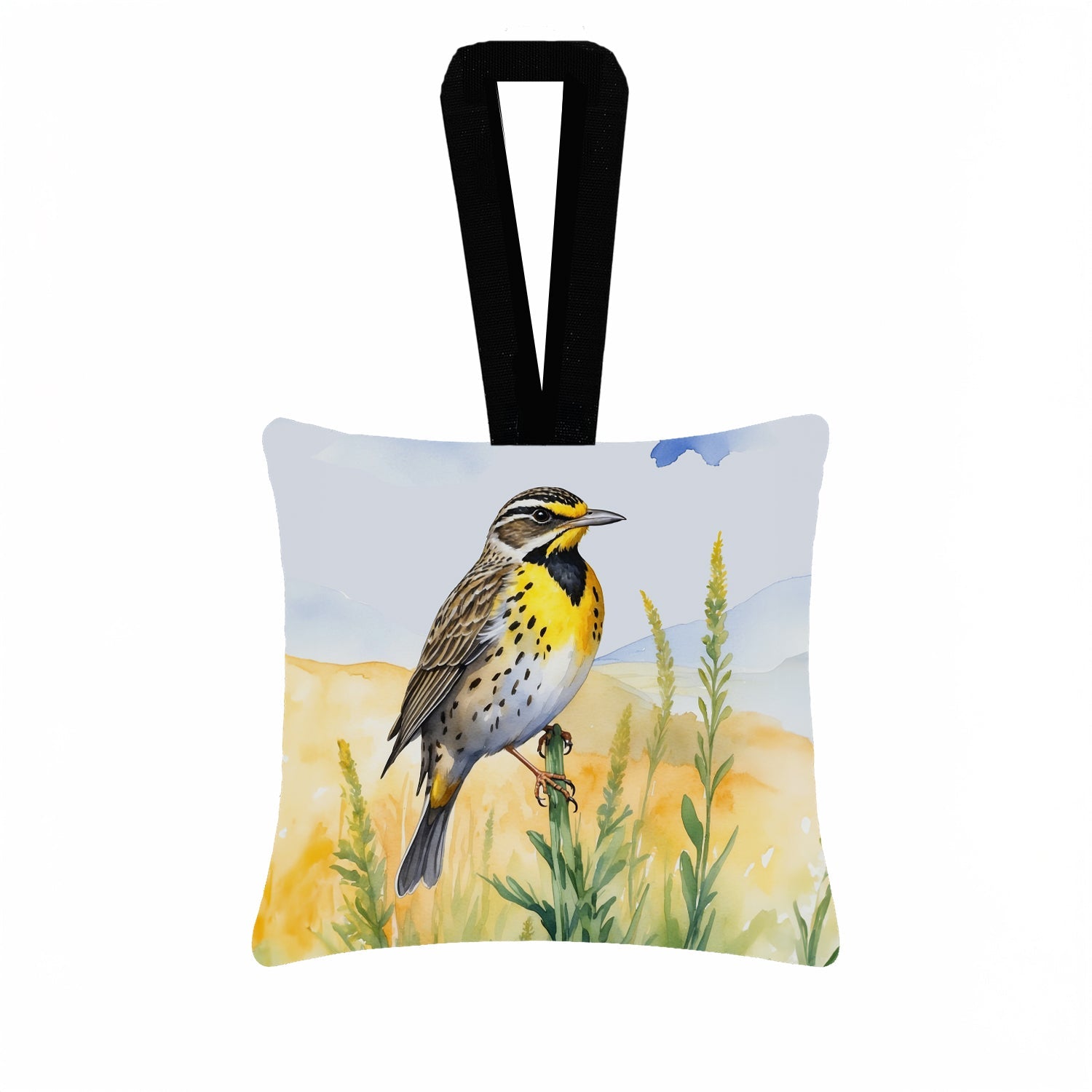 Nebraska Western Meadowlark Hanging Square Fabric Ornament 3.5 × 3.5 Decorative Door-Knob & Tree Hanger, Soft Fabric