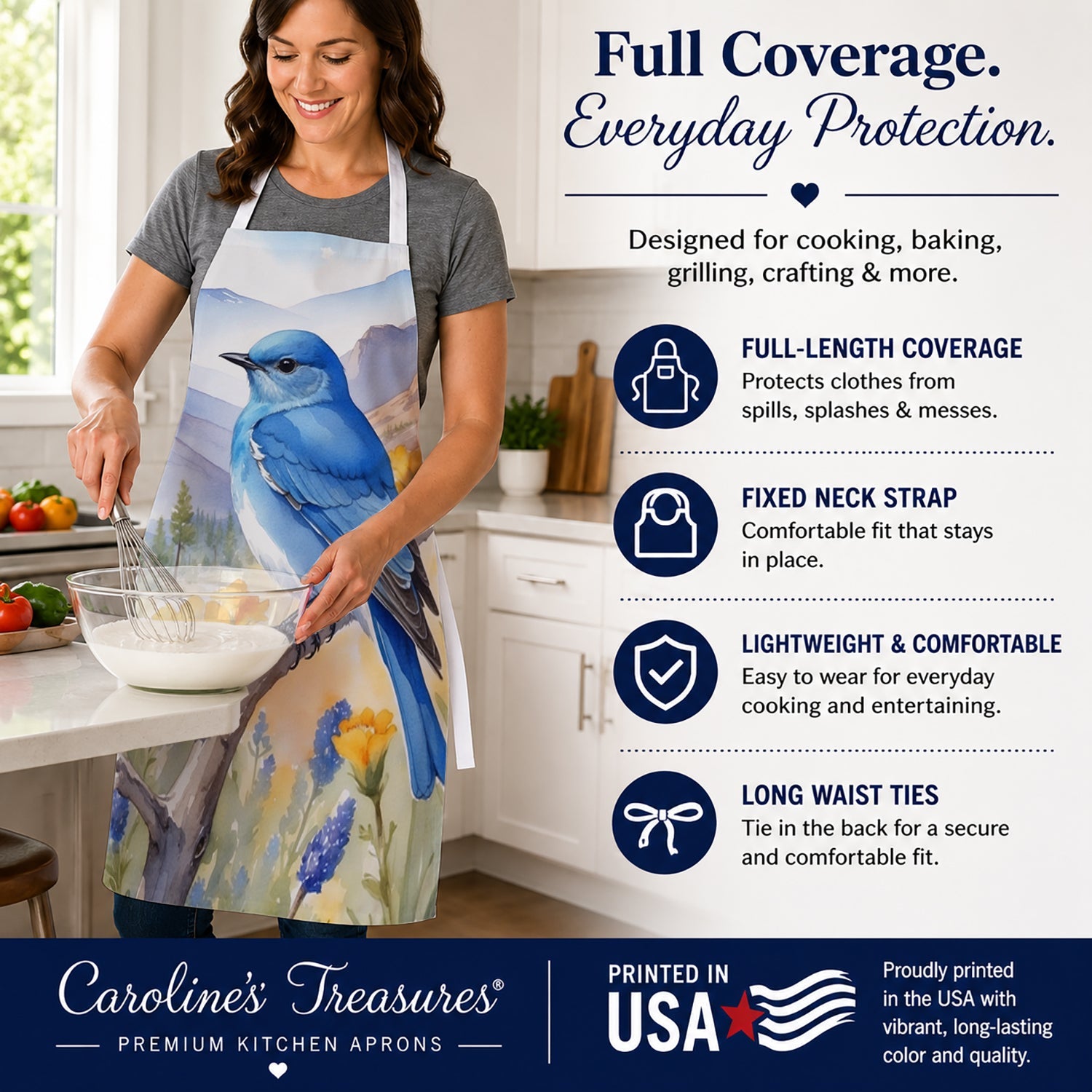 Nevada Mountain Bluebird Apron Cooking Kitchen Server Baking Crafts Gardening for Adult Women Men, Unisex, Large, Multicolor