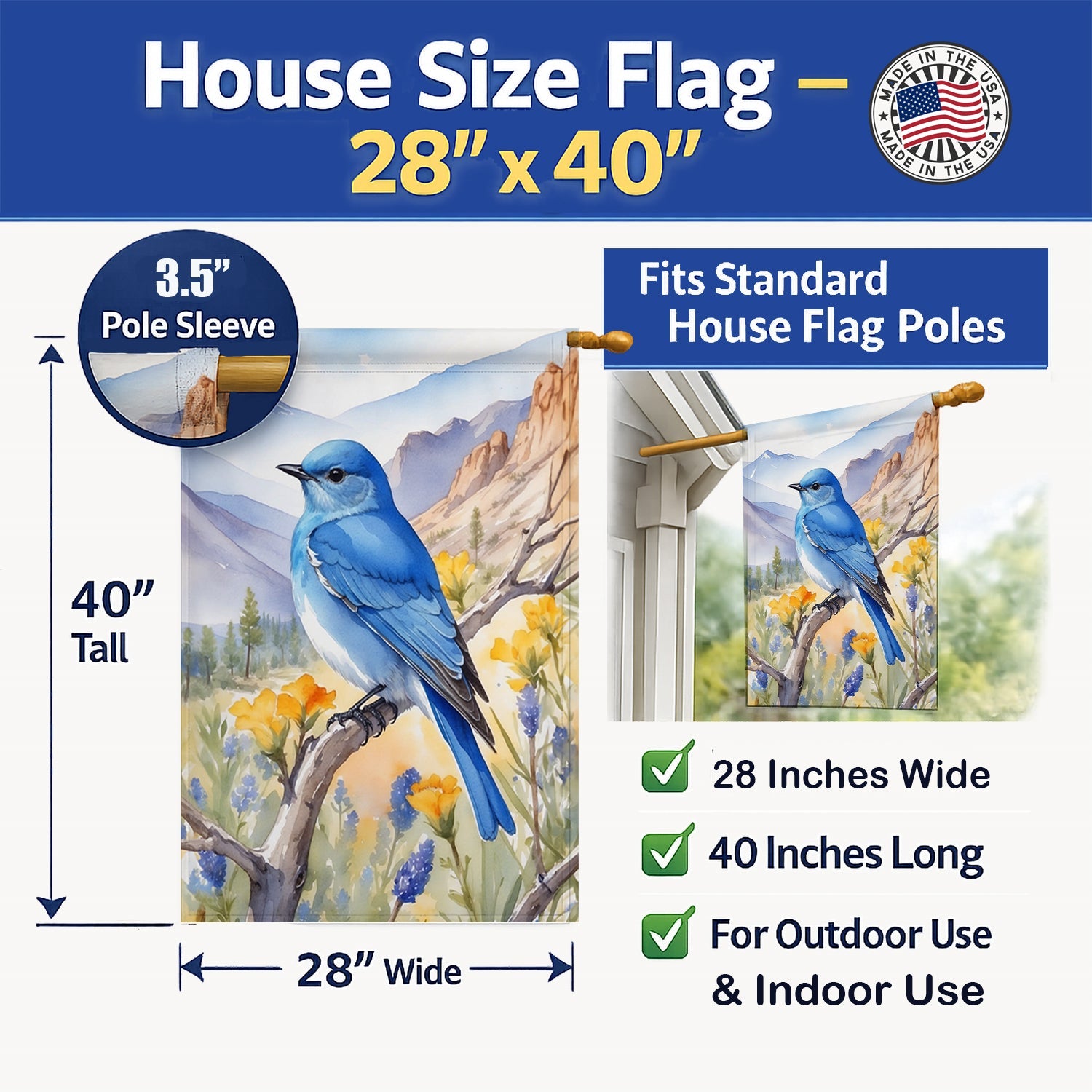 Nevada Mountain Bluebird House Flag 28x40 Porch Sleeve Pole Decorative Outside Yard Banner Artwork Wall Hanging, Polyester