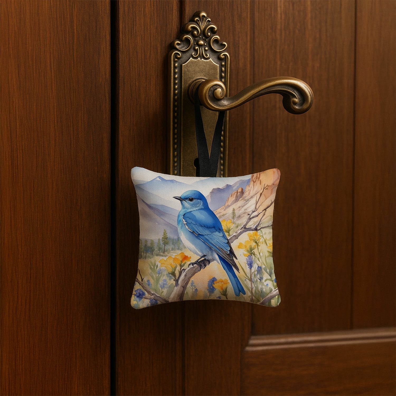 Nevada Mountain Bluebird Hanging Square Fabric Ornament 3.5 × 3.5 Decorative Door-Knob & Tree Hanger, Soft Fabric