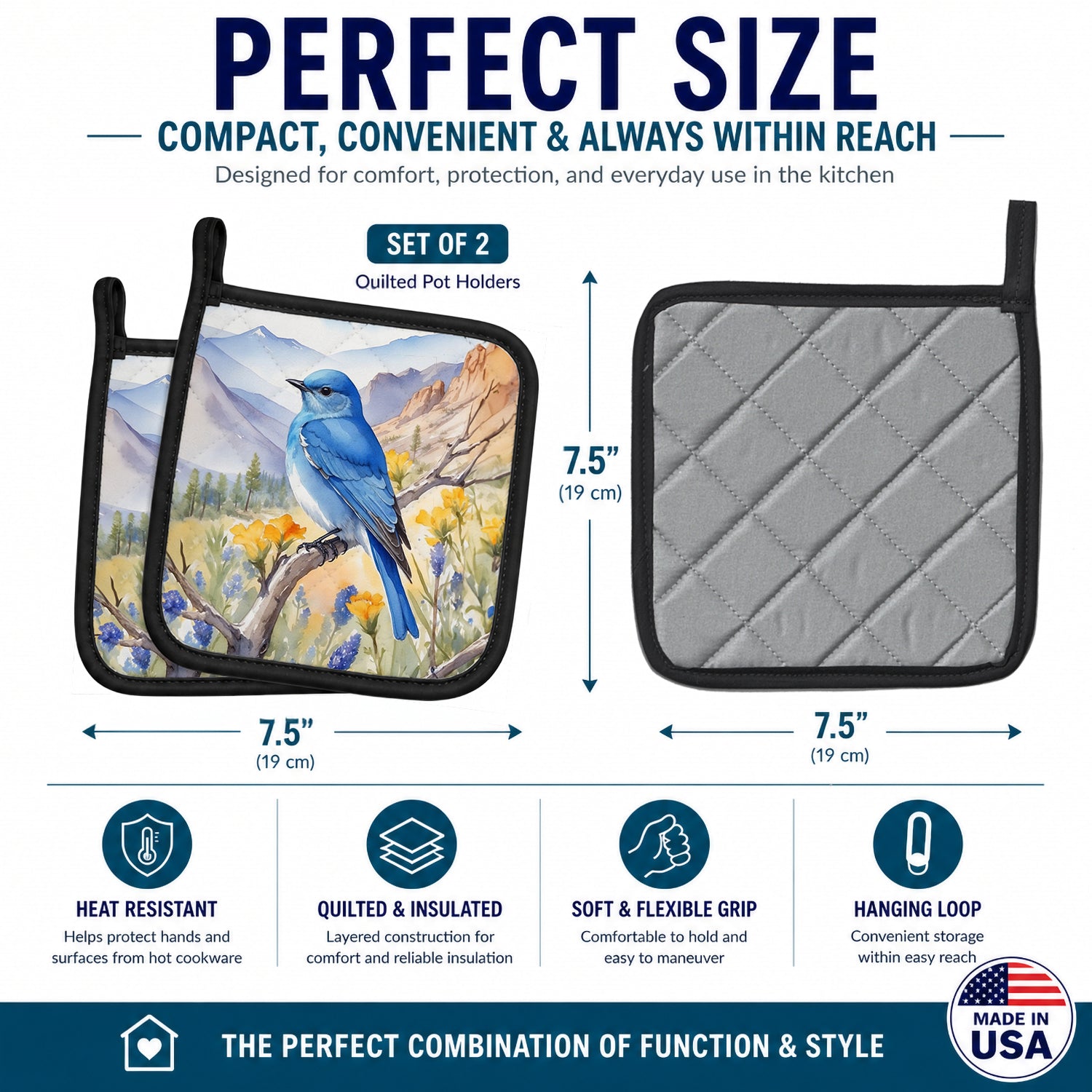 Nevada Mountain Bluebird Pot Holder Set of 2 Heat Resistant Quilted Hot Pads 7.5 x 7.5 Inch, Insulated Kitchen Trivets for Cooking & Baking