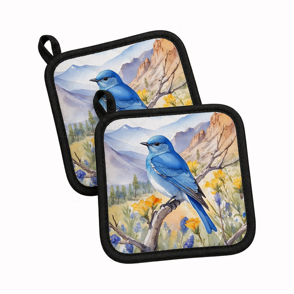 Nevada Mountain Bluebird Pot Holder Set of 2 Heat Resistant Quilted Hot Pads 7.5 x 7.5 Inch, Insulated Kitchen Trivets for Cooking & Baking