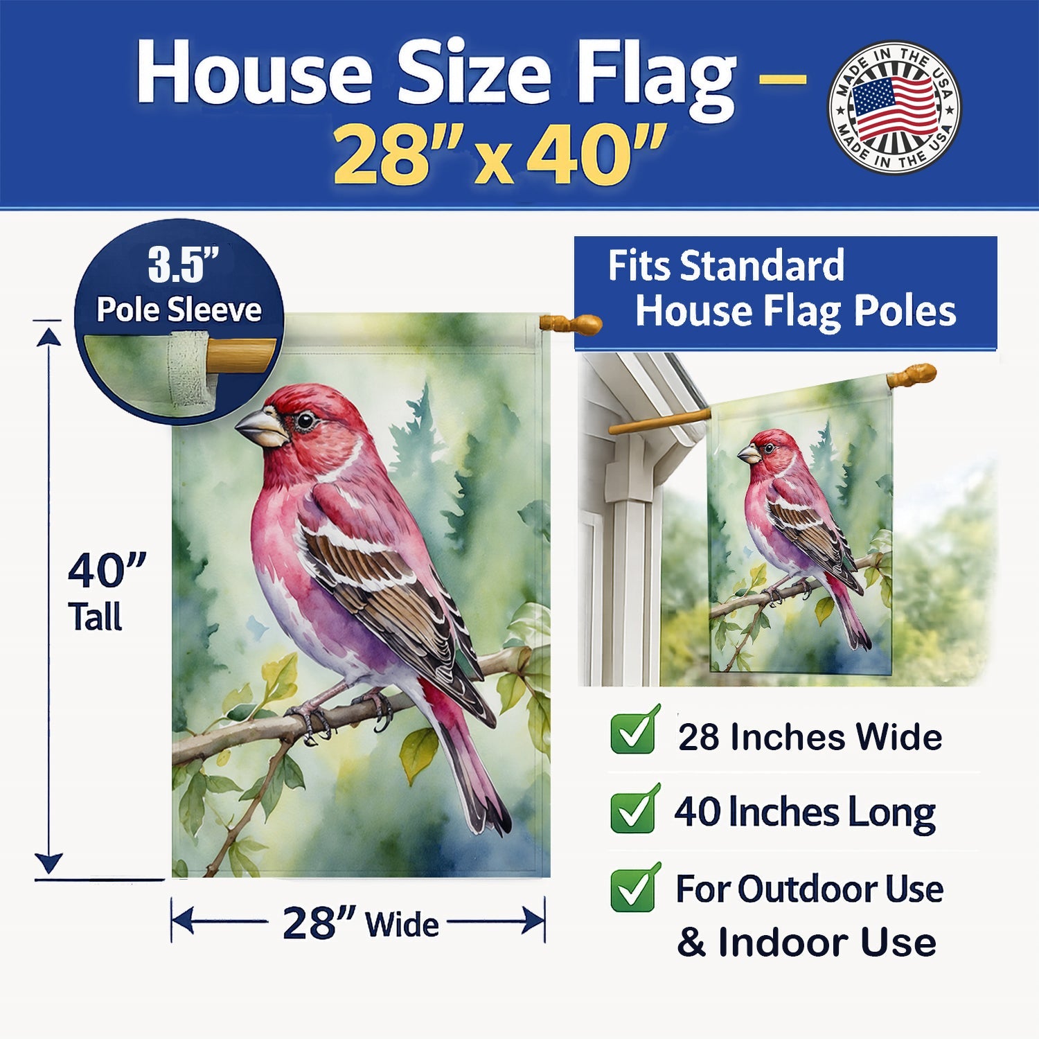 New Hampshire Purple Finch House Flag 28x40 Porch Sleeve Pole Decorative Outside Yard Banner Artwork Wall Hanging, Polyester