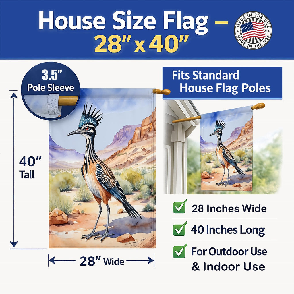 New Mexico Greater Roadrunner House Flag 28x40 Porch Sleeve Pole Decorative Outside Yard Banner Artwork Wall Hanging, Polyester