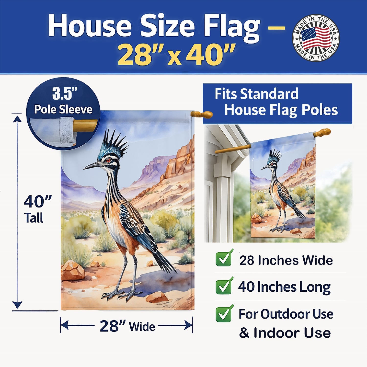 New Mexico Greater Roadrunner House Flag 28x40 Porch Sleeve Pole Decorative Outside Yard Banner Artwork Wall Hanging, Polyester