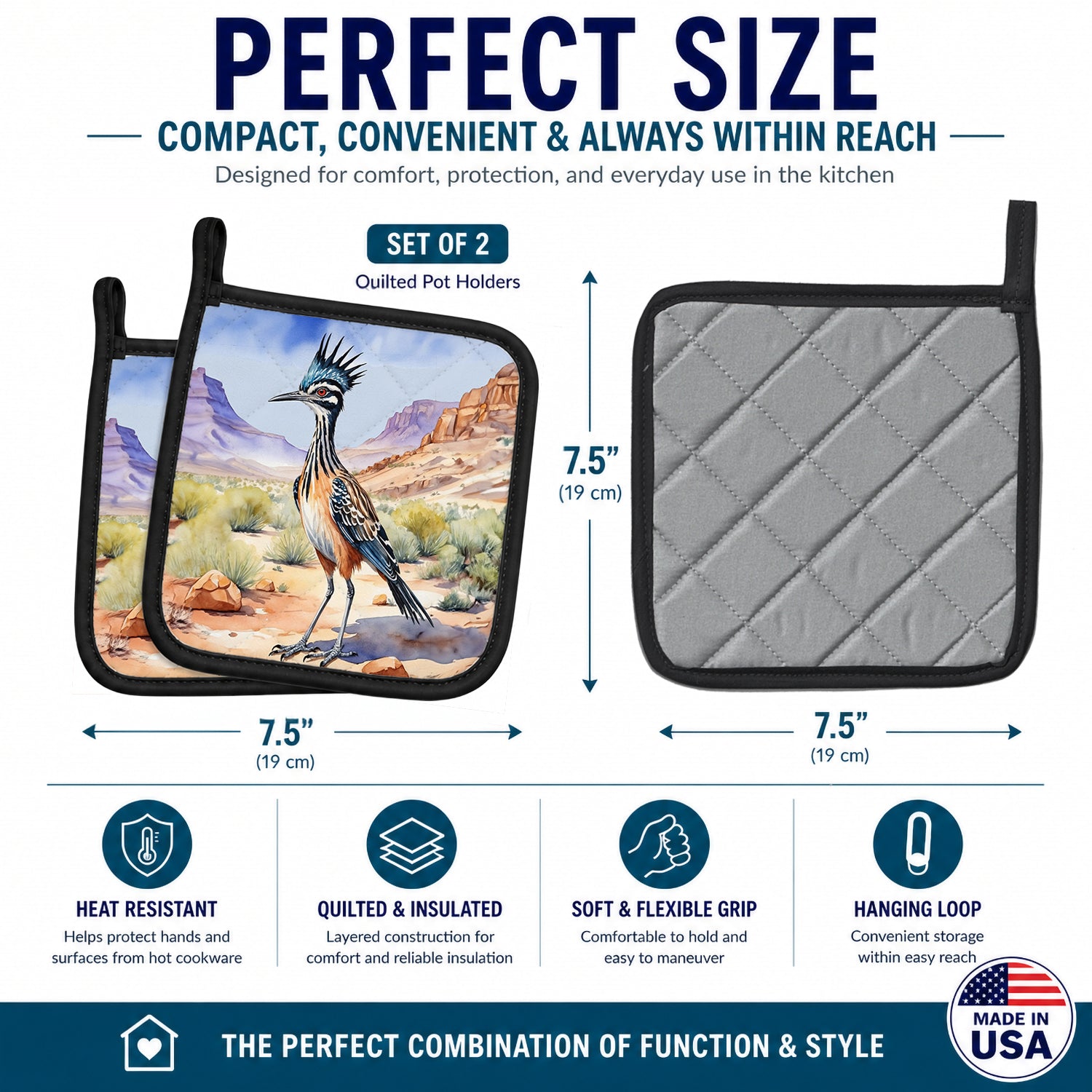 New Mexico Greater Roadrunner Pot Holder Set of 2 Heat Resistant Quilted Hot Pads 7.5 x 7.5 Inch, Insulated Kitchen Trivets for Cooking & Baking