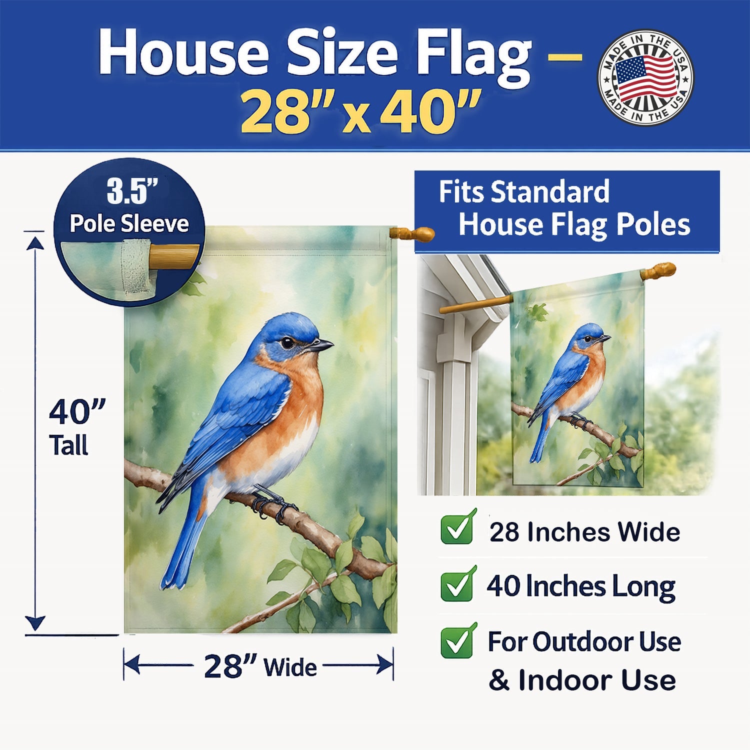 New York Eastern Bluebird House Flag 28x40 Porch Sleeve Pole Decorative Outside Yard Banner Artwork Wall Hanging, Polyester