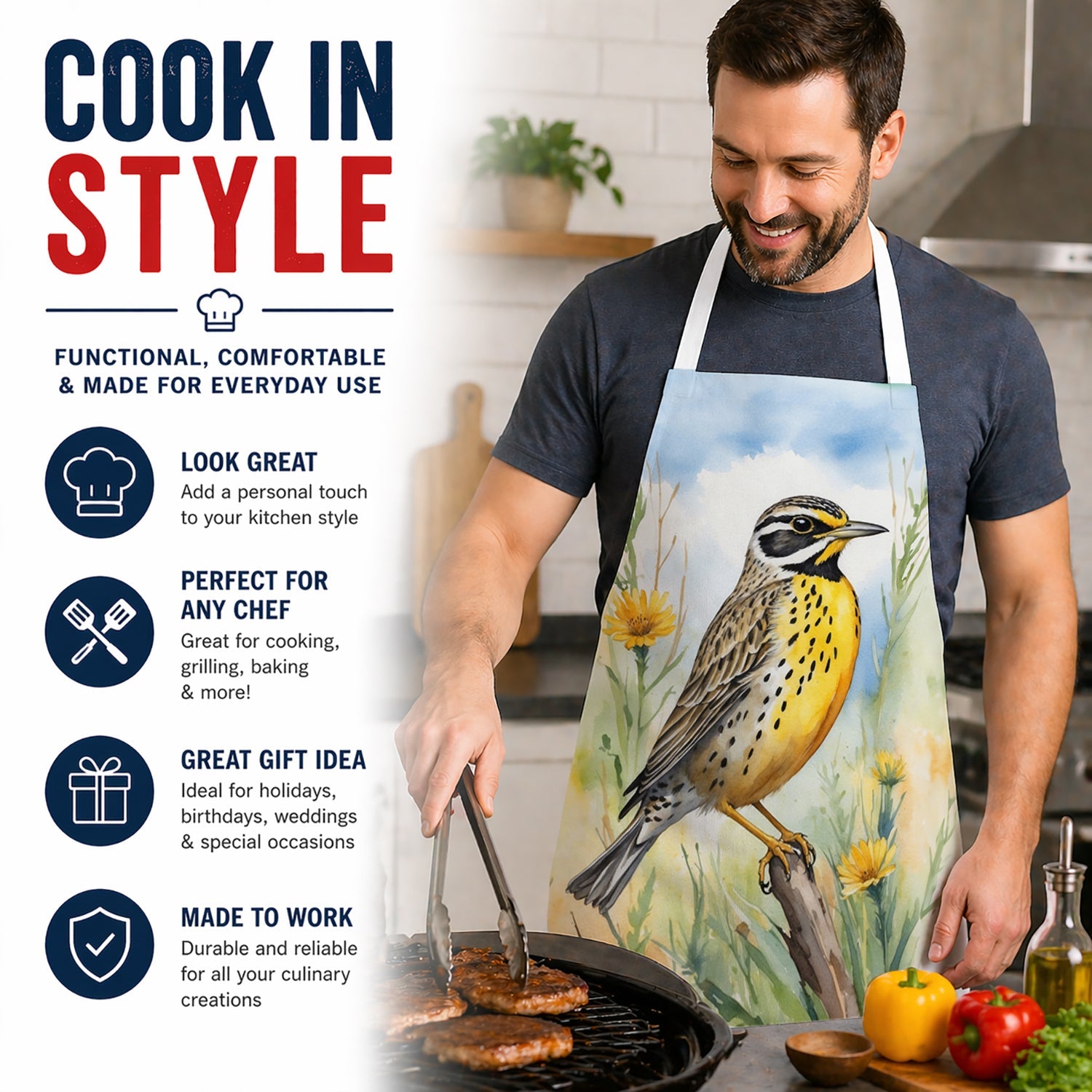 North Dakota Western Meadowlark Apron Cooking Kitchen Server Baking Crafts Gardening for Adult Women Men, Unisex, Large, Multicolor