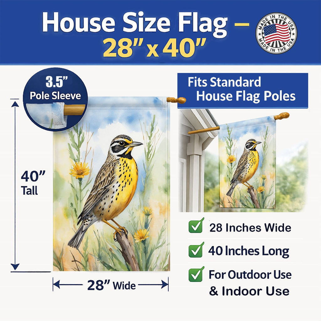 North Dakota Western Meadowlark House Flag 28x40 Porch Sleeve Pole Decorative Outside Yard Banner Artwork Wall Hanging, Polyester