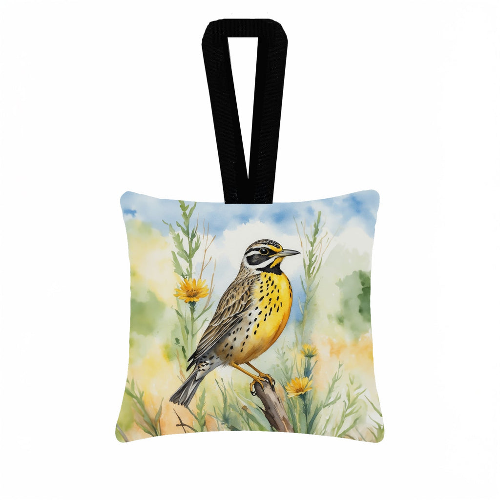 North Dakota Western Meadowlark Hanging Square Fabric Ornament 3.5 × 3.5 Decorative Door-Knob & Tree Hanger, Soft Fabric