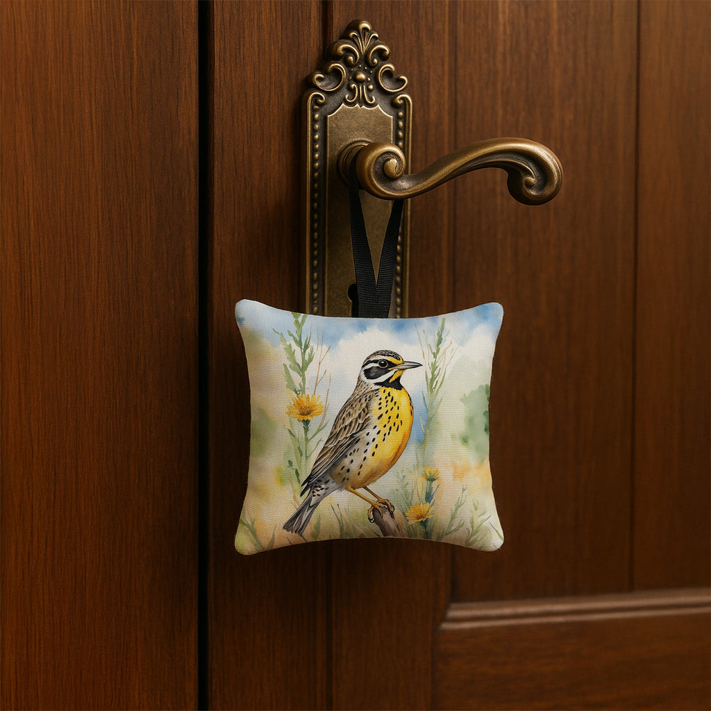 North Dakota Western Meadowlark Hanging Square Fabric Ornament 3.5 × 3.5 Decorative Door-Knob & Tree Hanger, Soft Fabric