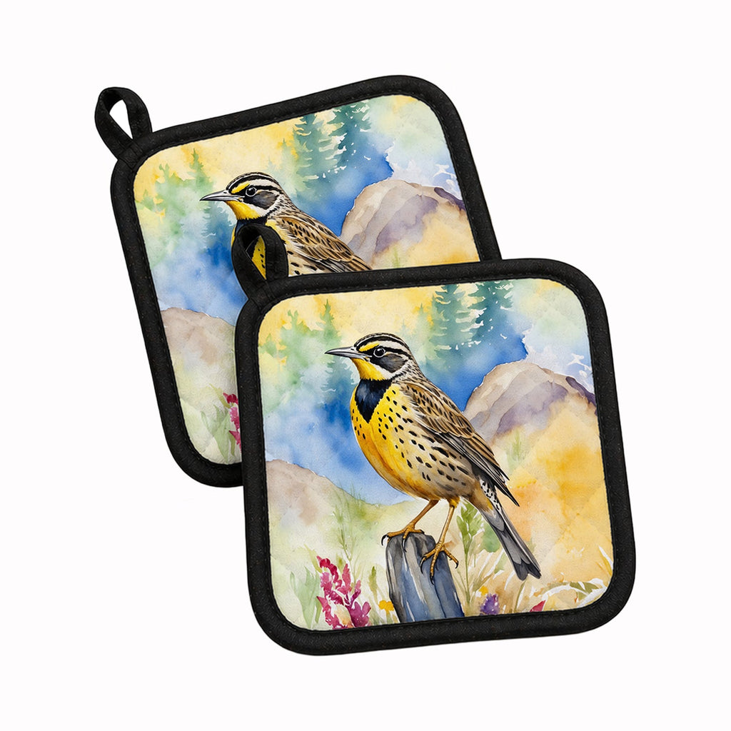 Oregon Western Meadowlark Pot Holder Set of 2 Heat Resistant Quilted Hot Pads 7.5 x 7.5 Inch, Insulated Kitchen Trivets for Cooking & Baking